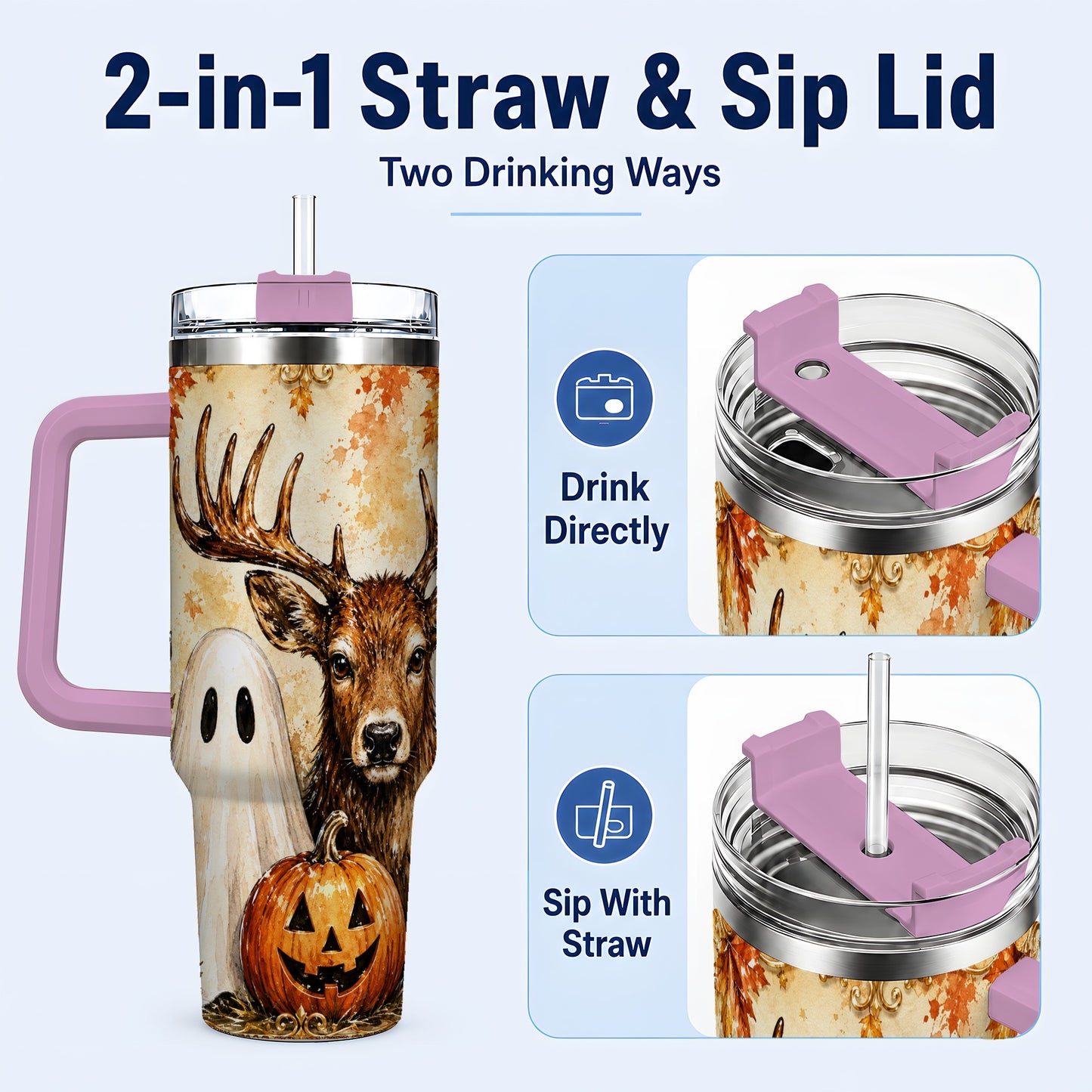 #pl[40oz|Pink] Autumn Deer 40oz Tumbler, Ghost Pumpkin Stainless Steel Travel Cup