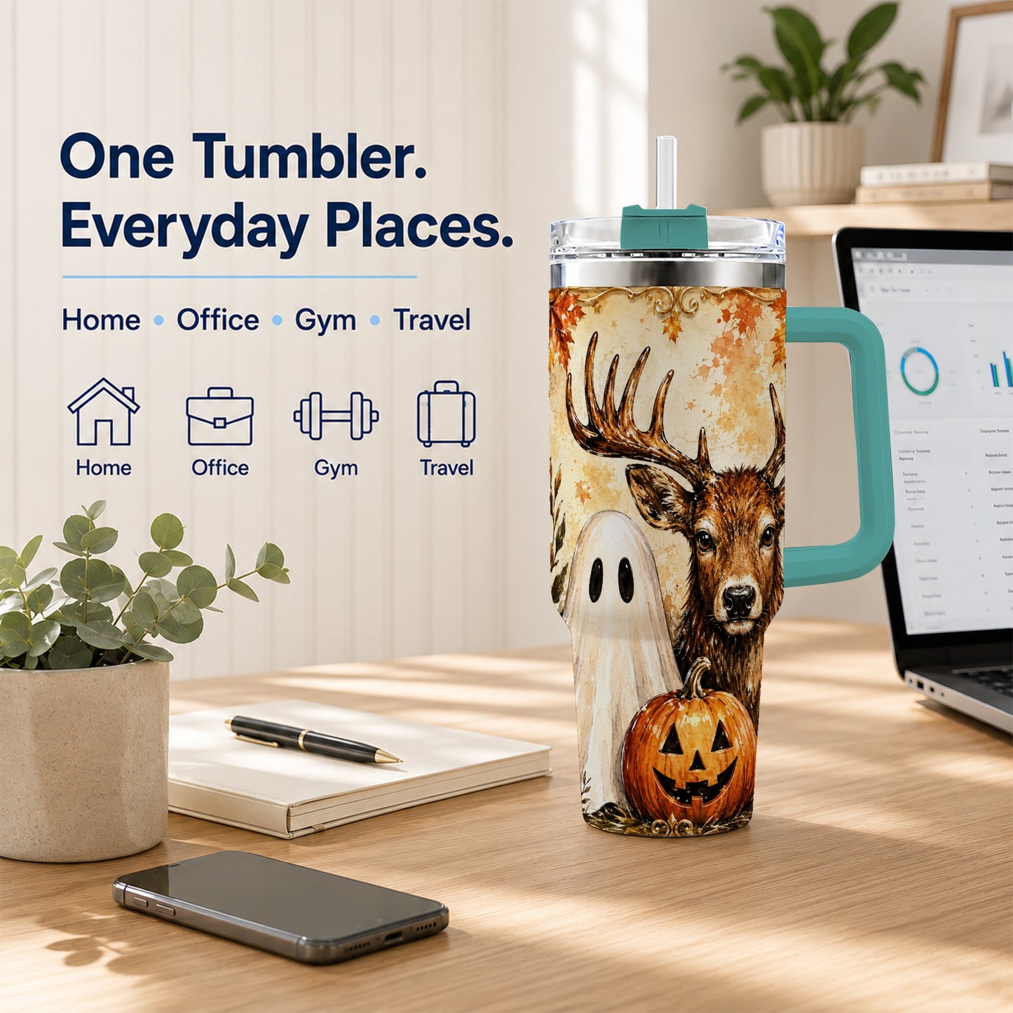 #pl[40oz|Green] Autumn Deer 40oz Tumbler, Ghost Pumpkin Stainless Steel Travel Cup