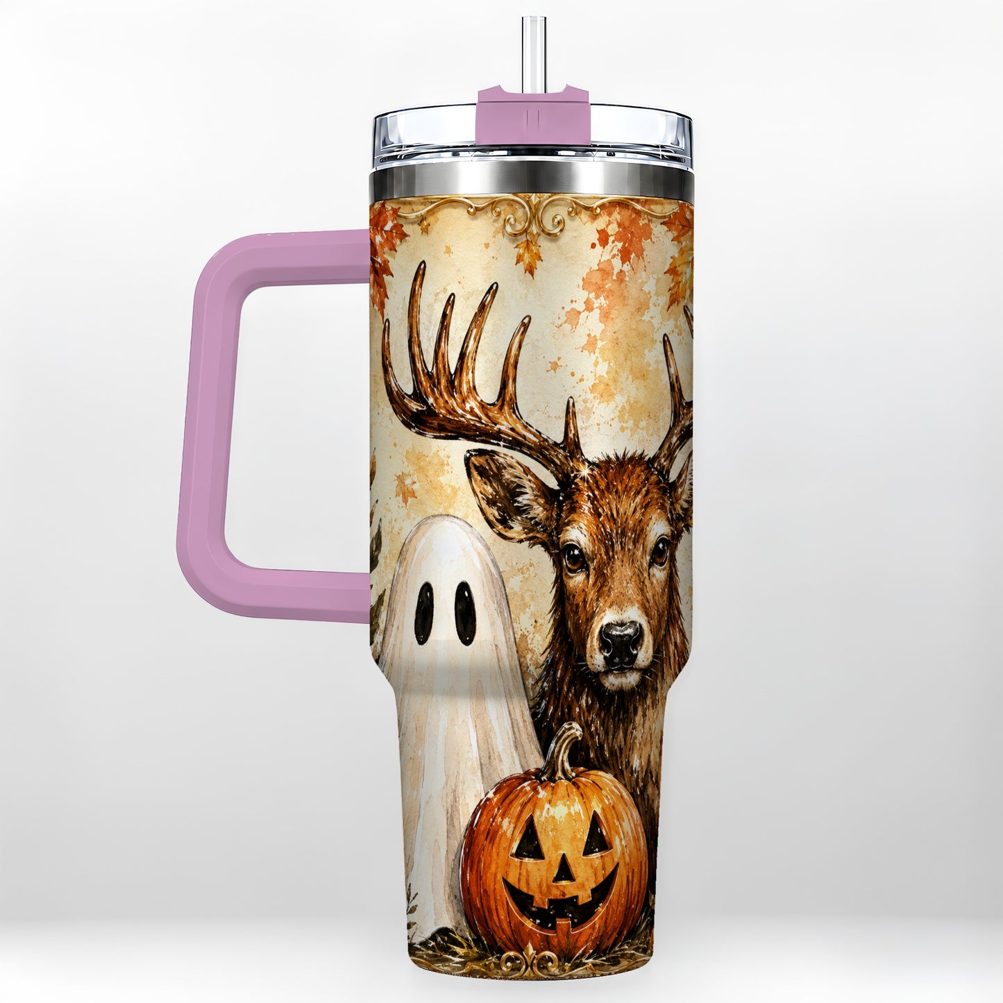 #pl[40oz|Pink] Autumn Deer 40oz Tumbler, Ghost Pumpkin Stainless Steel Travel Cup