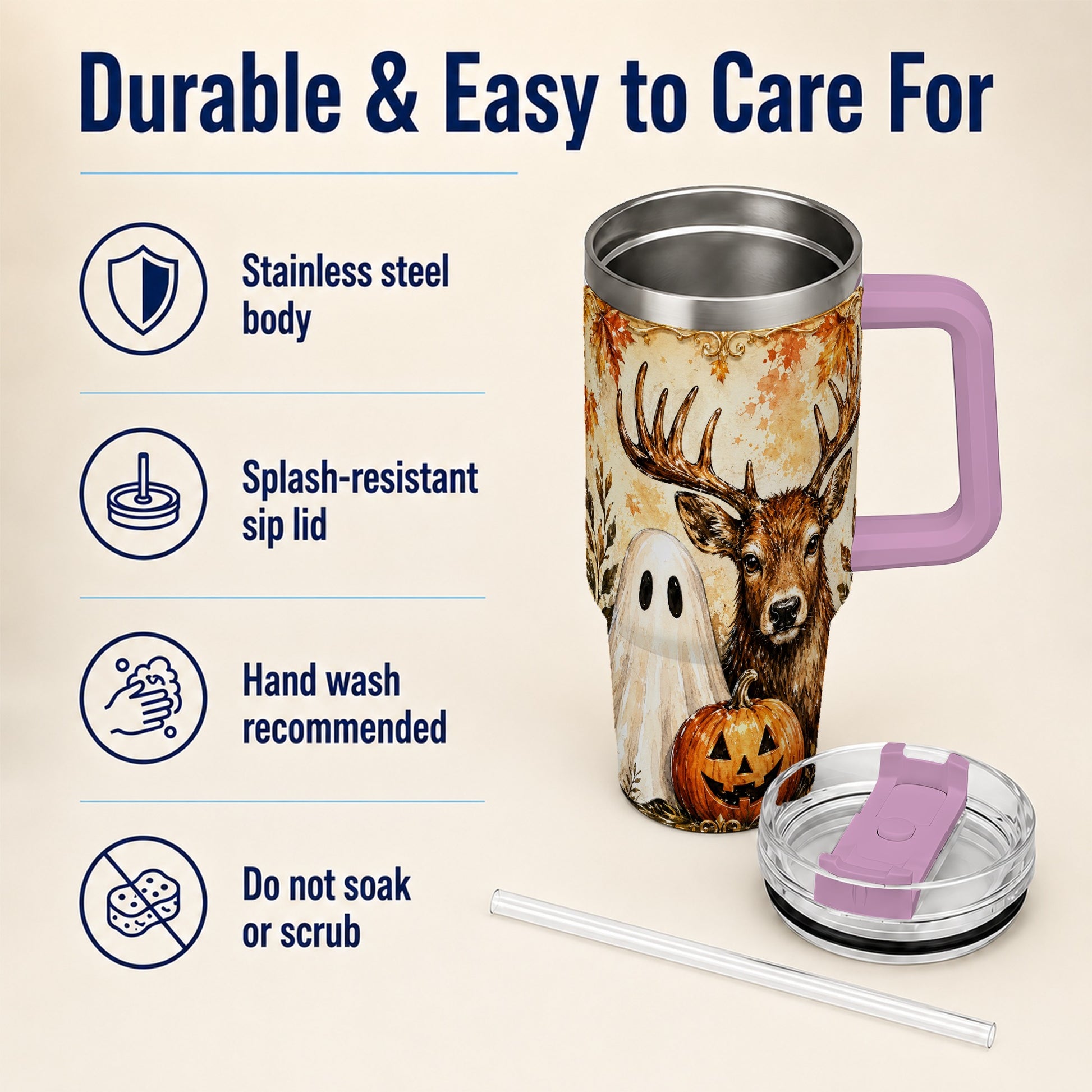 #pl[40oz|Pink] Autumn Deer 40oz Tumbler, Ghost Pumpkin Stainless Steel Travel Cup
