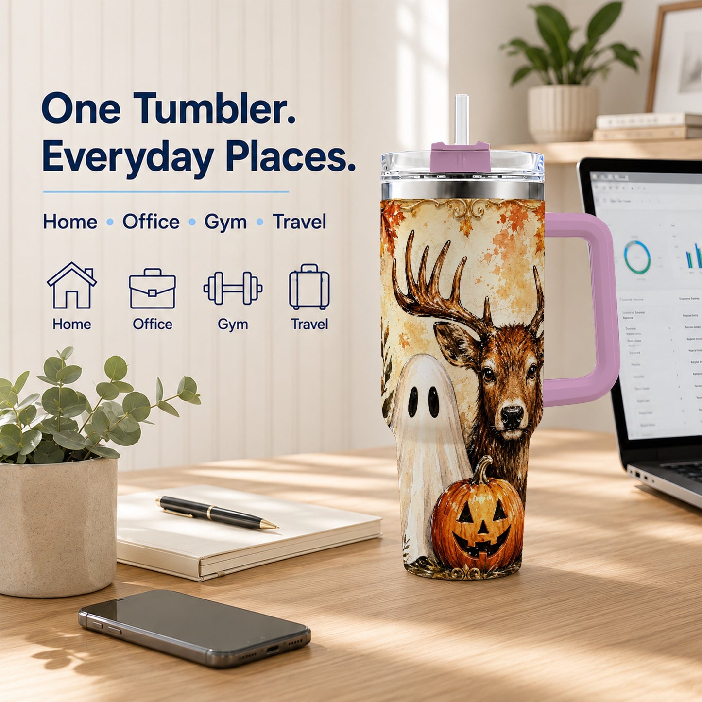 #pl[40oz|Pink] Autumn Deer 40oz Tumbler, Ghost Pumpkin Stainless Steel Travel Cup