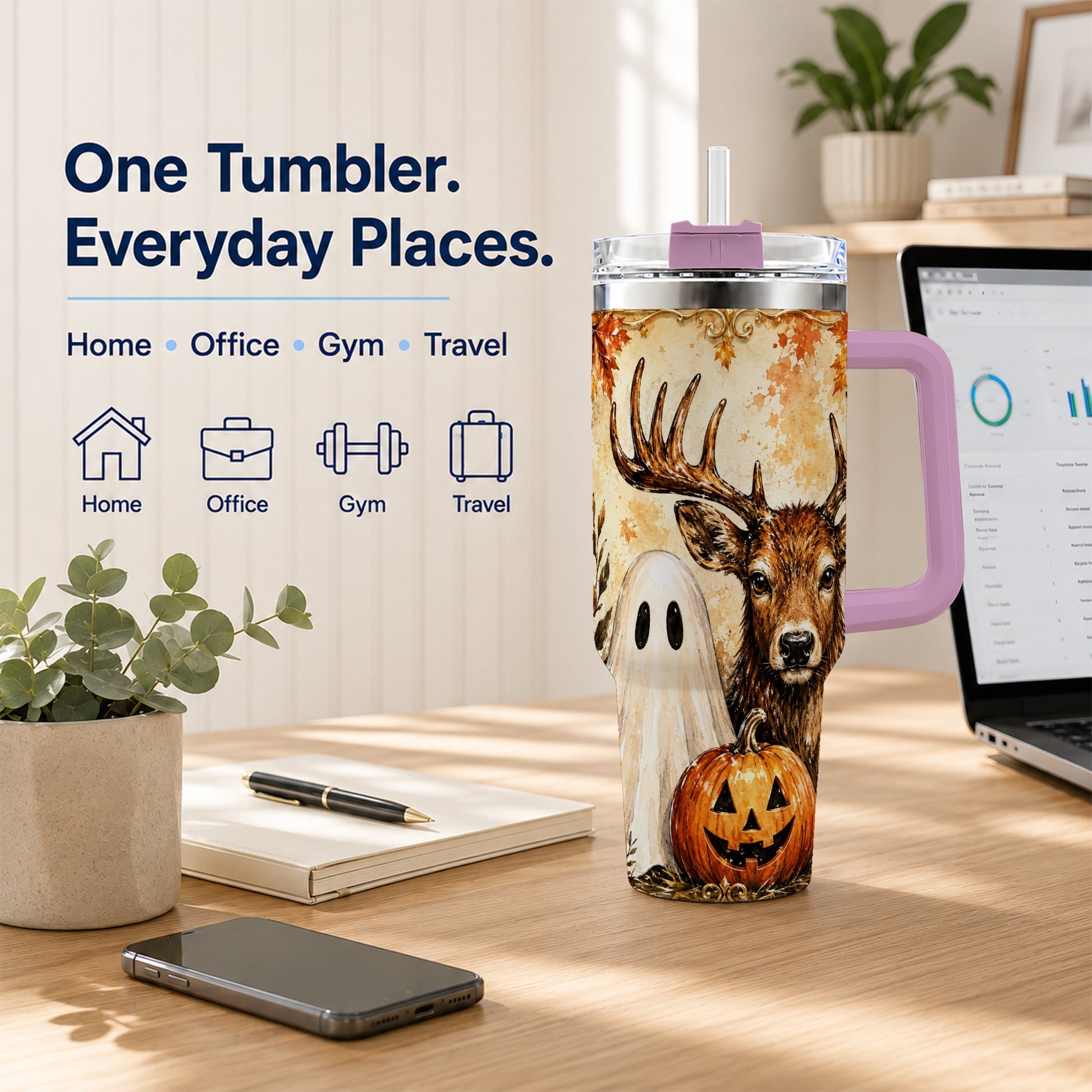 #pl[40oz|Pink] Autumn Deer 40oz Tumbler, Ghost Pumpkin Stainless Steel Travel Cup