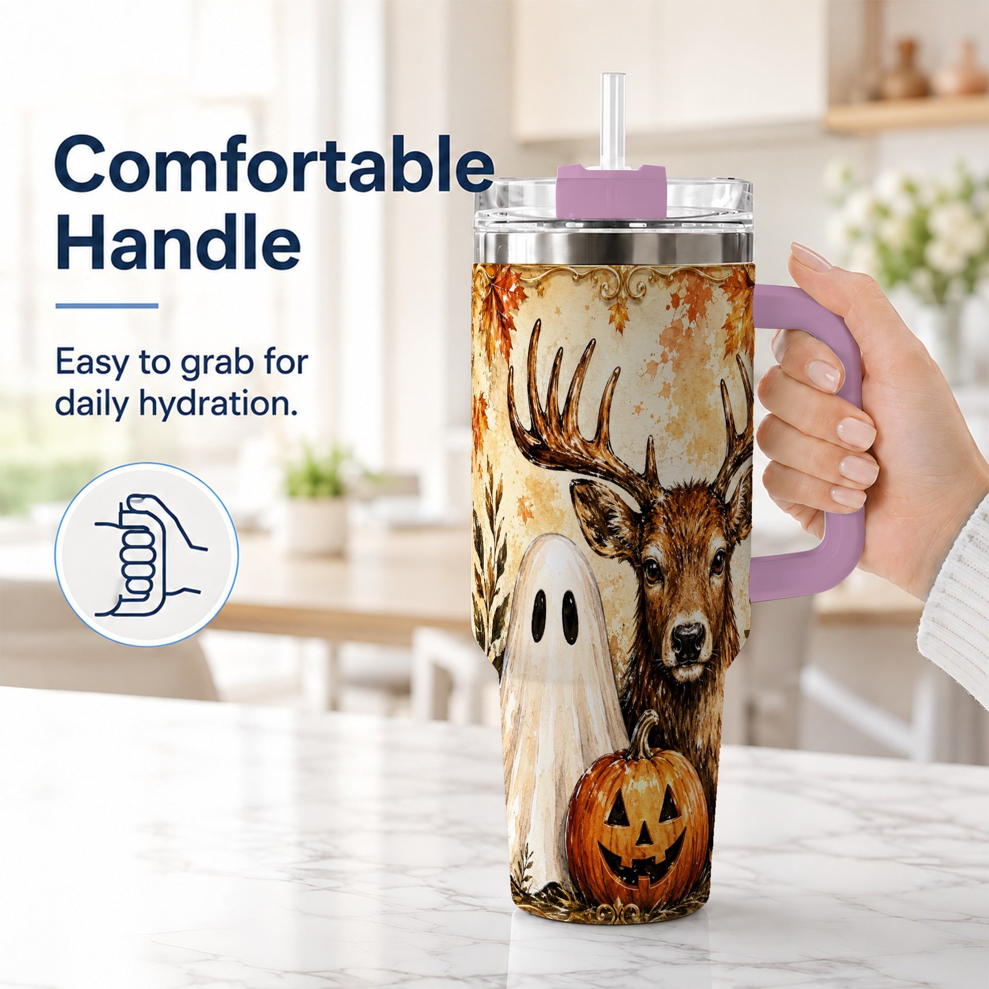 #pl[40oz|Pink] Autumn Deer 40oz Tumbler, Ghost Pumpkin Stainless Steel Travel Cup
