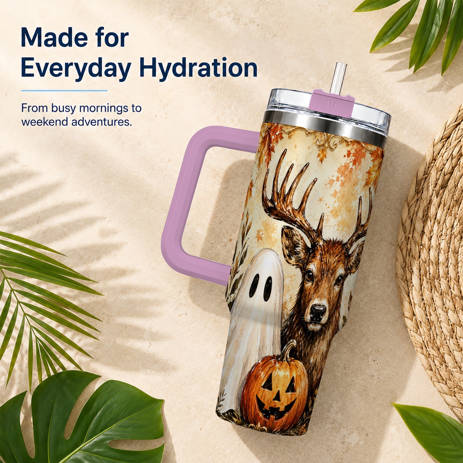 #pl[40oz|Pink] Autumn Deer 40oz Tumbler, Ghost Pumpkin Stainless Steel Travel Cup