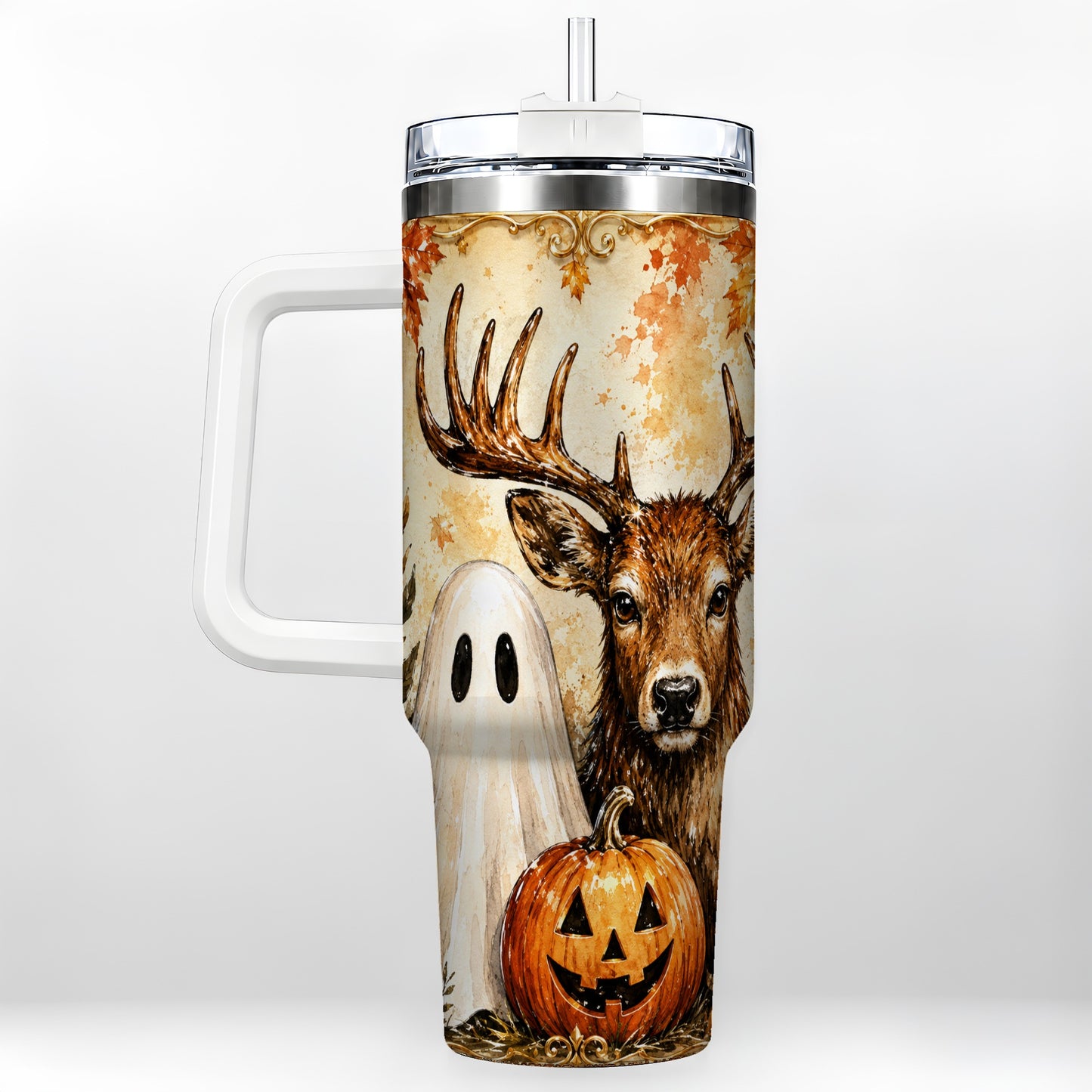 #pl[40oz|White] Autumn Deer 40oz Tumbler, Ghost Pumpkin Stainless Steel Travel Cup