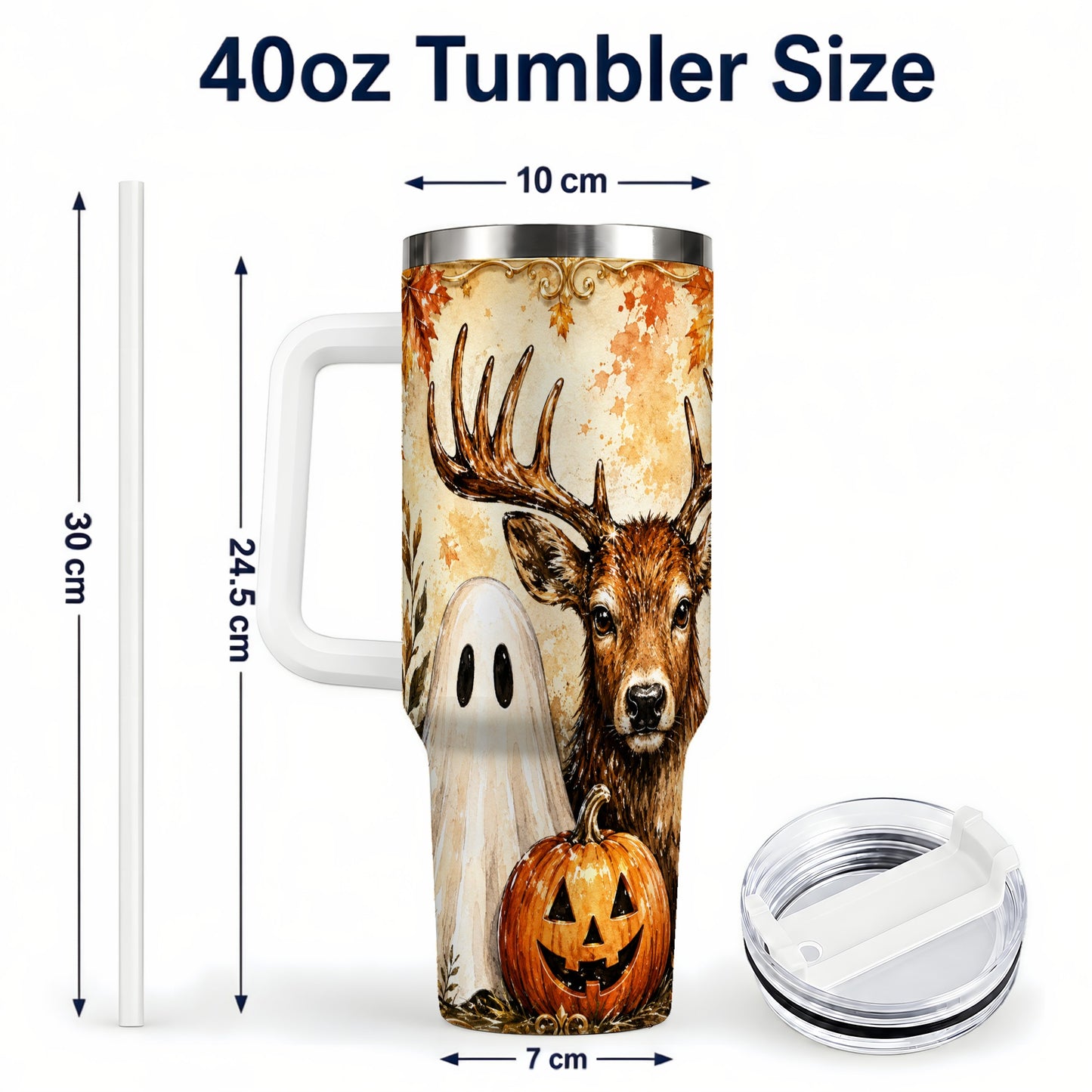 #pl[40oz|White] Autumn Deer 40oz Tumbler, Ghost Pumpkin Stainless Steel Travel Cup