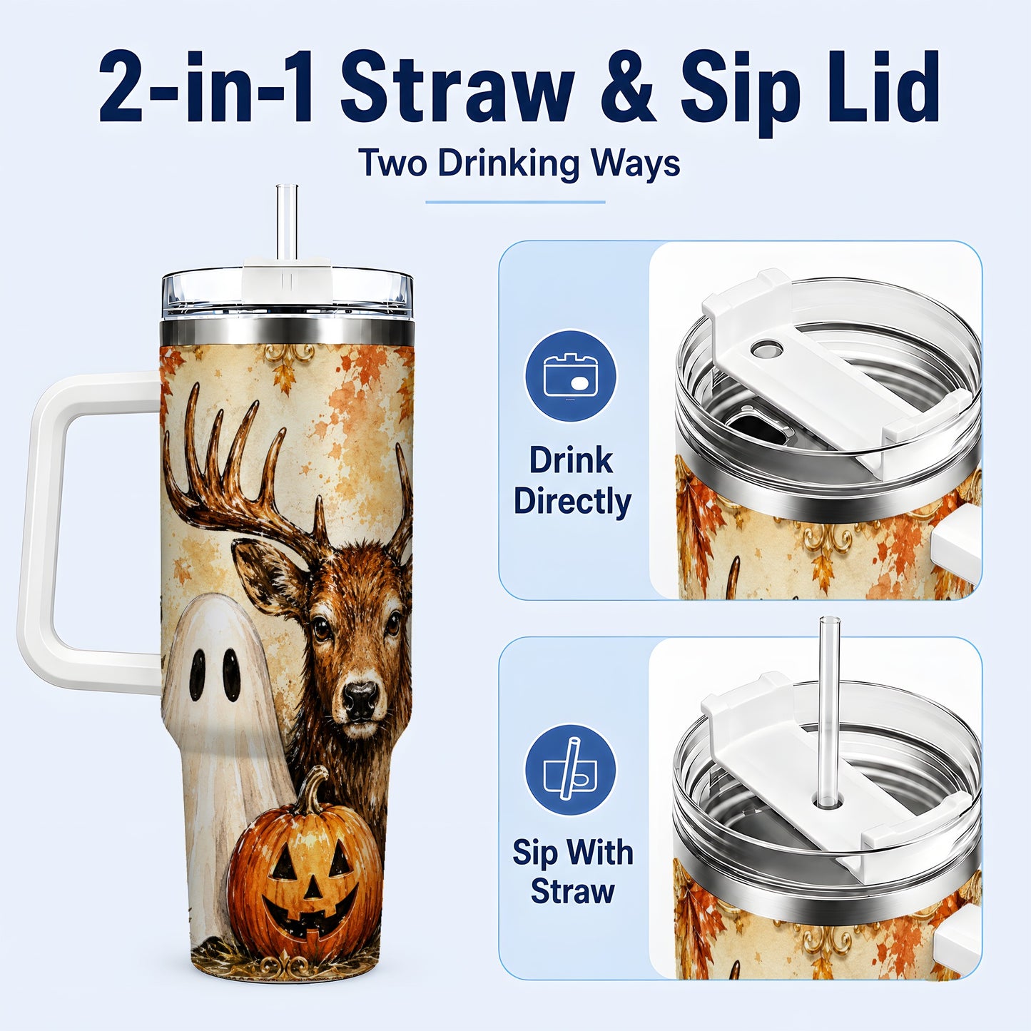 #pl[40oz|White] Autumn Deer 40oz Tumbler, Ghost Pumpkin Stainless Steel Travel Cup