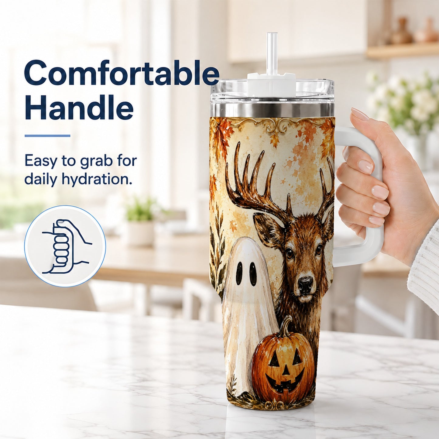 #pl[40oz|White] Autumn Deer 40oz Tumbler, Ghost Pumpkin Stainless Steel Travel Cup
