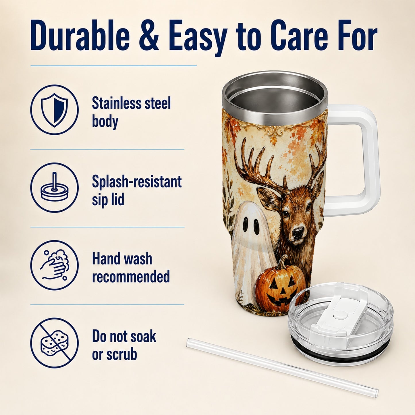 #pl[40oz|White] Autumn Deer 40oz Tumbler, Ghost Pumpkin Stainless Steel Travel Cup