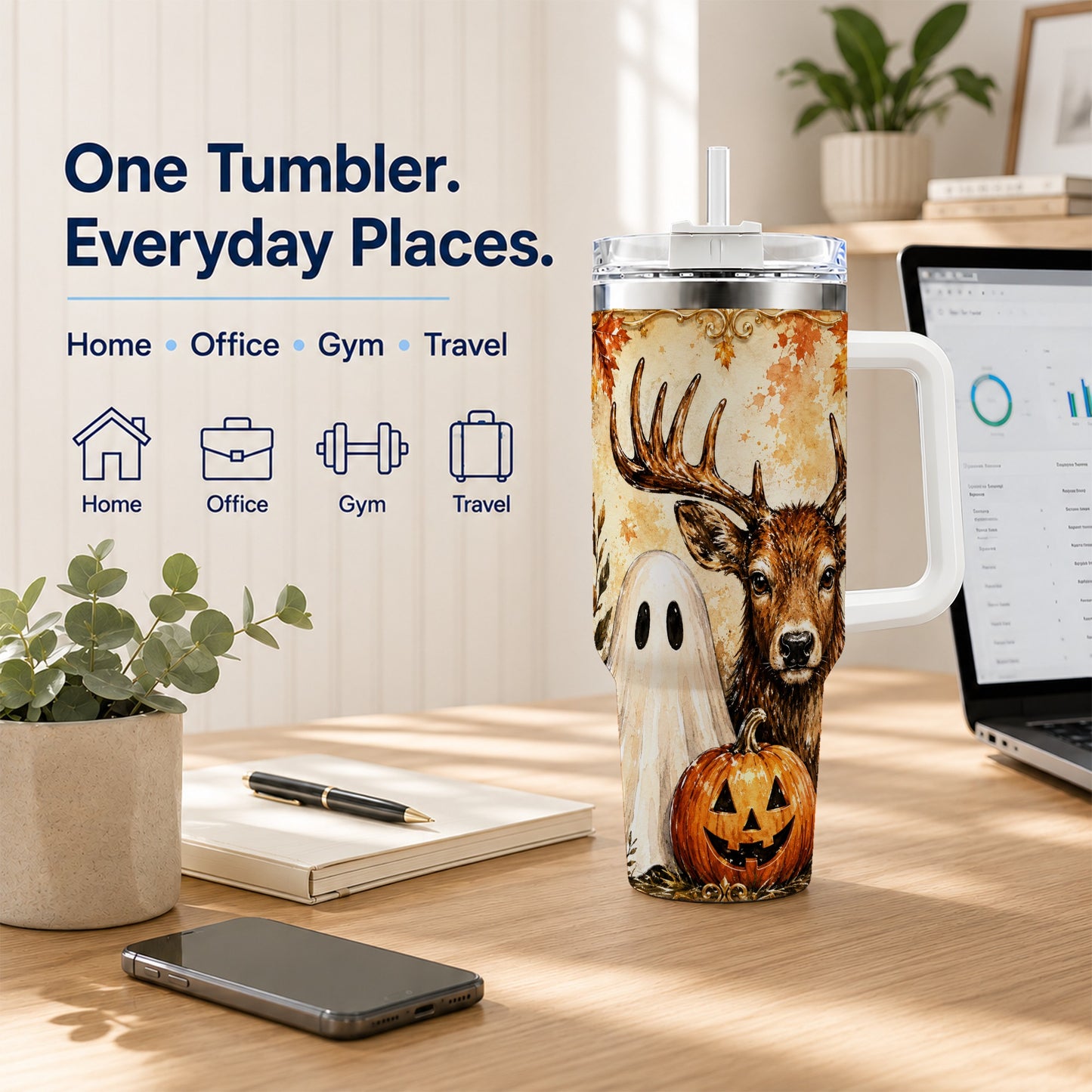 #pl[40oz|White] Autumn Deer 40oz Tumbler, Ghost Pumpkin Stainless Steel Travel Cup