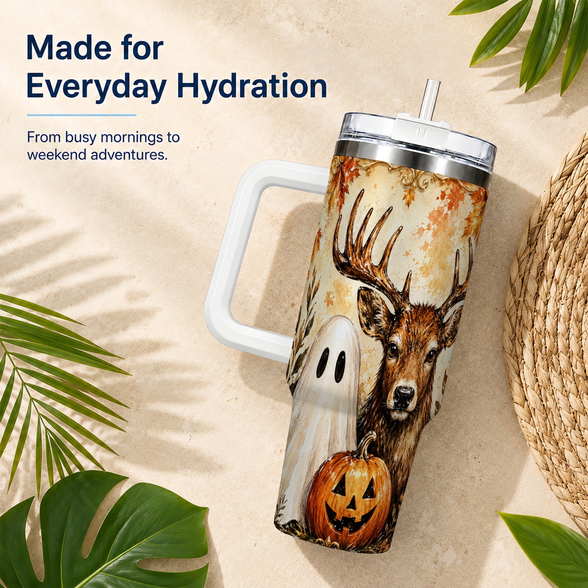 #pl[40oz|White] Autumn Deer 40oz Tumbler, Ghost Pumpkin Stainless Steel Travel Cup