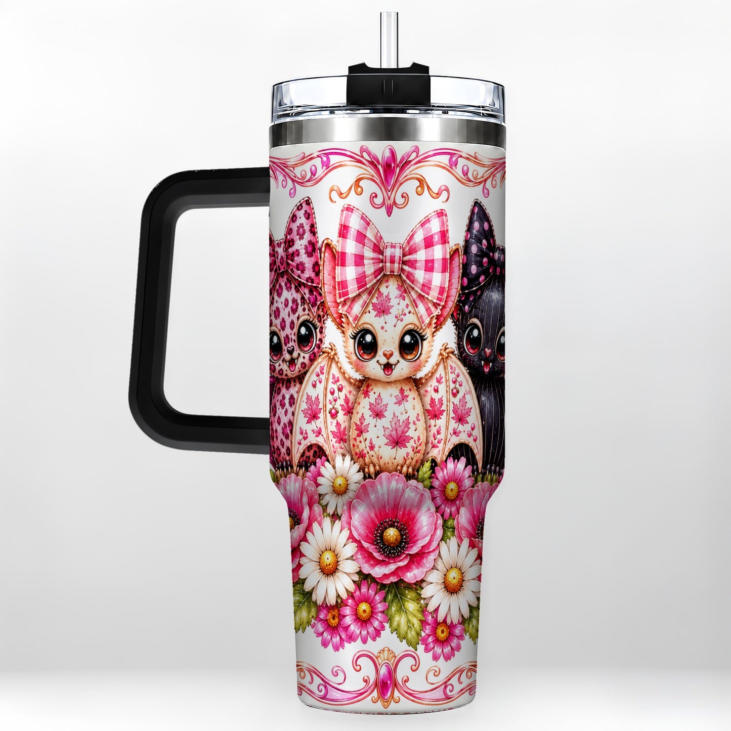 #pl[40oz|Black] Pink Halloween Bats 40oz Tumbler, Floral Stainless Steel Travel Cup
