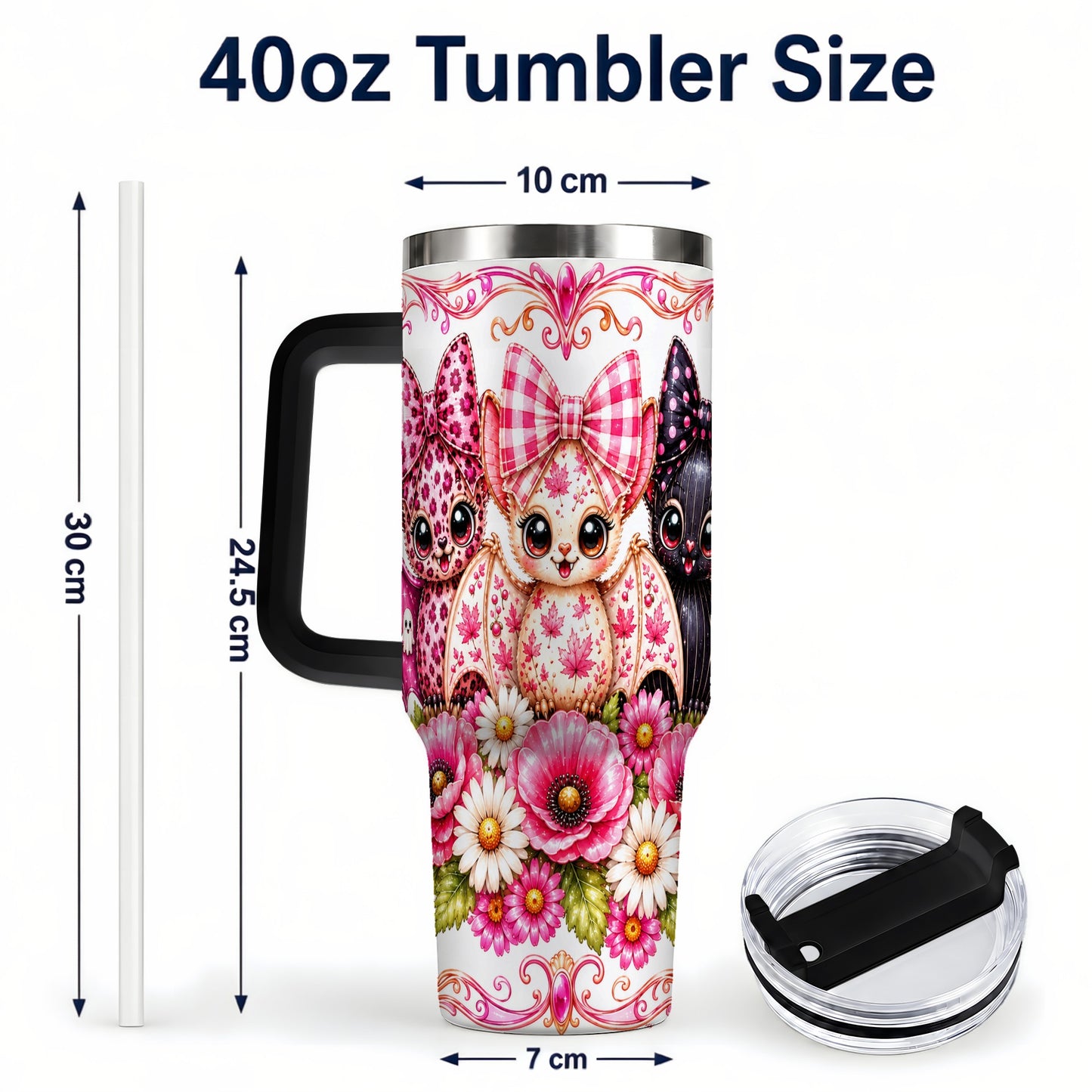 #pl[40oz|Black] Pink Halloween Bats 40oz Tumbler, Floral Stainless Steel Travel Cup