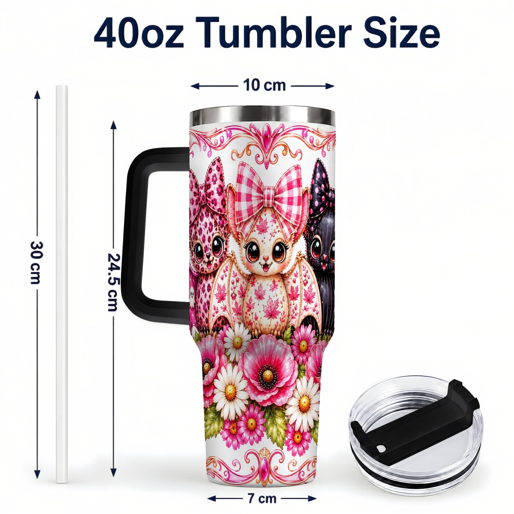 #pl[40oz|Black] Pink Halloween Bats 40oz Tumbler, Floral Stainless Steel Travel Cup