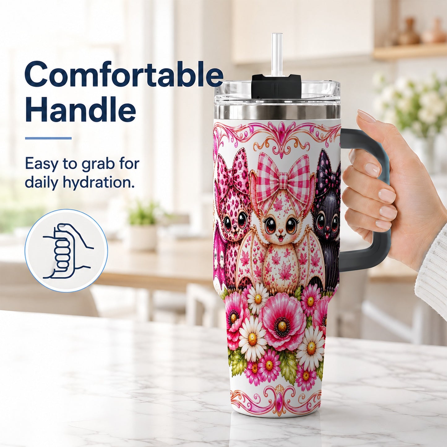 #pl[40oz|Black] Pink Halloween Bats 40oz Tumbler, Floral Stainless Steel Travel Cup