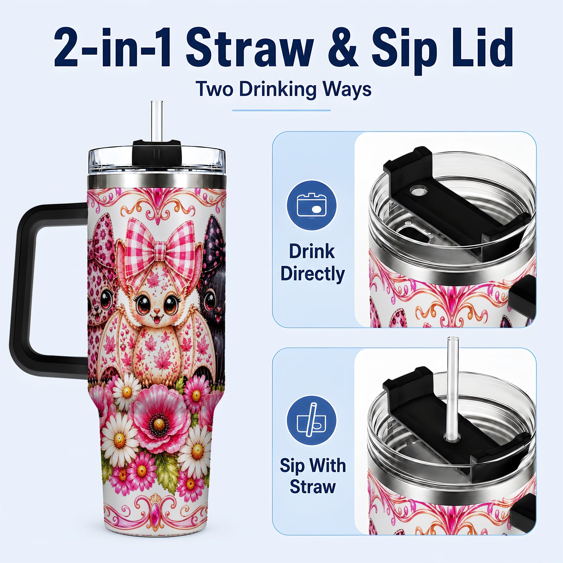 #pl[40oz|Black] Pink Halloween Bats 40oz Tumbler, Floral Stainless Steel Travel Cup