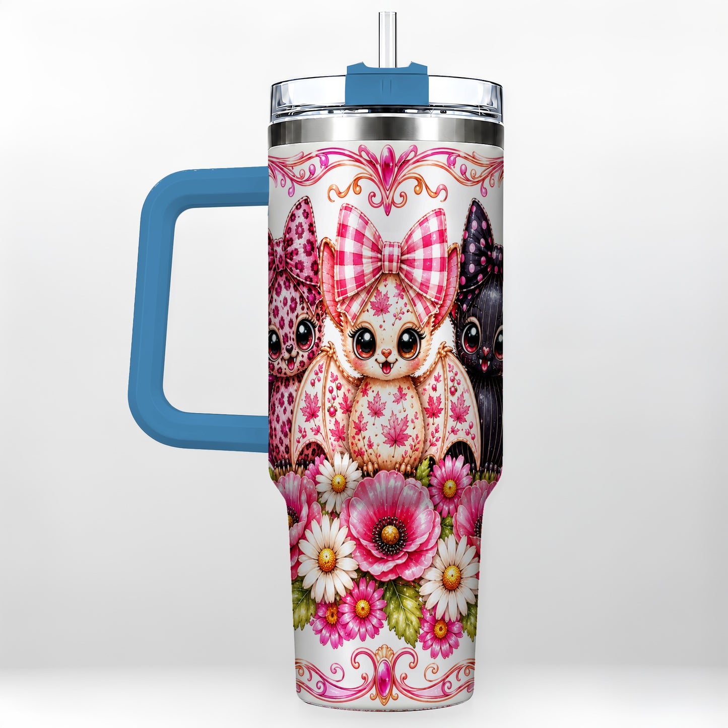 #pl[40oz|Blue] Pink Halloween Bats 40oz Tumbler, Floral Stainless Steel Travel Cup
