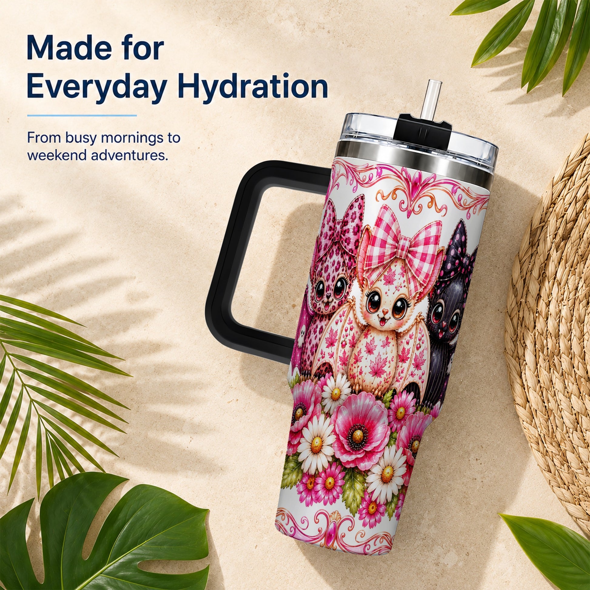 #pl[40oz|Black] Pink Halloween Bats 40oz Tumbler, Floral Stainless Steel Travel Cup