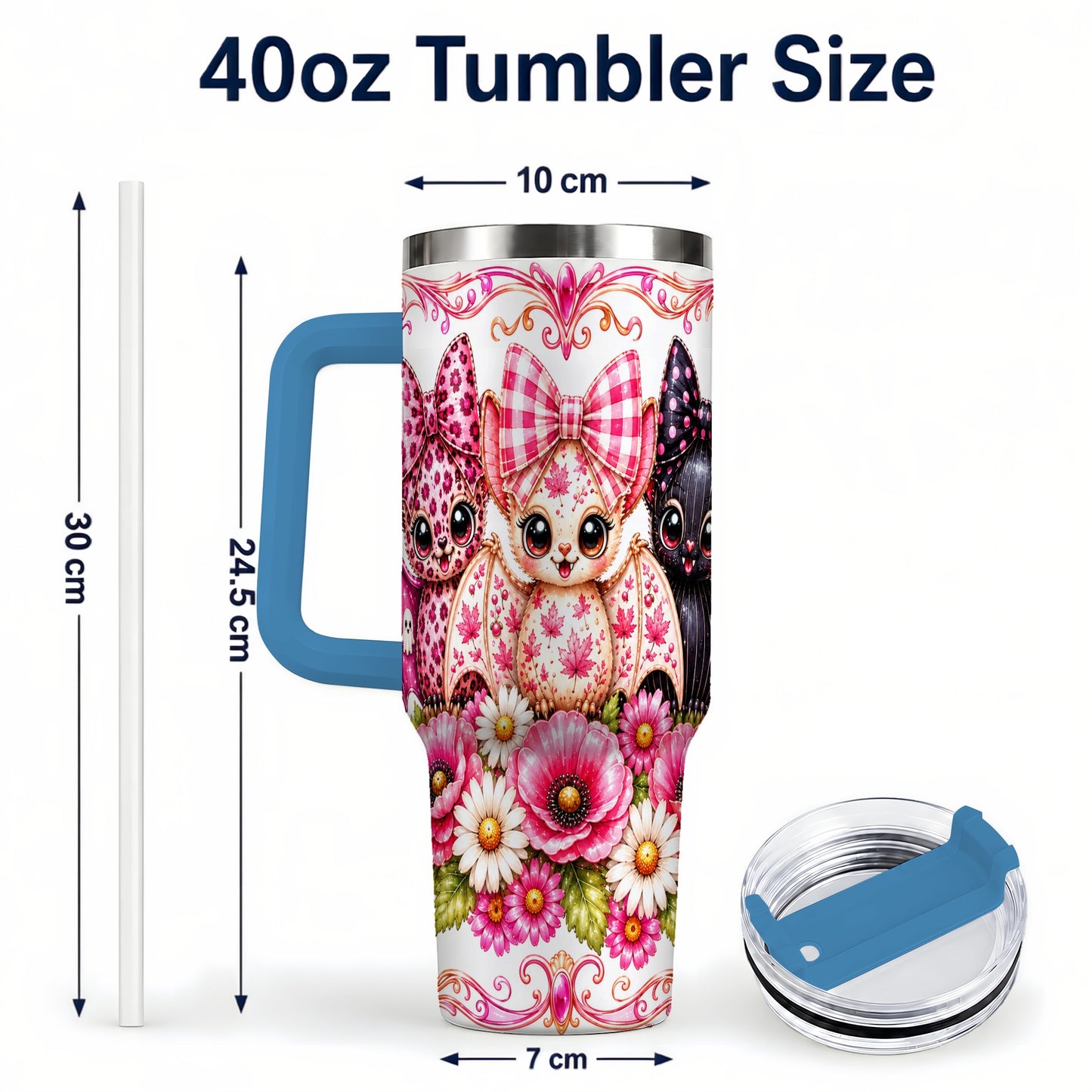#pl[40oz|Blue] Pink Halloween Bats 40oz Tumbler, Floral Stainless Steel Travel Cup