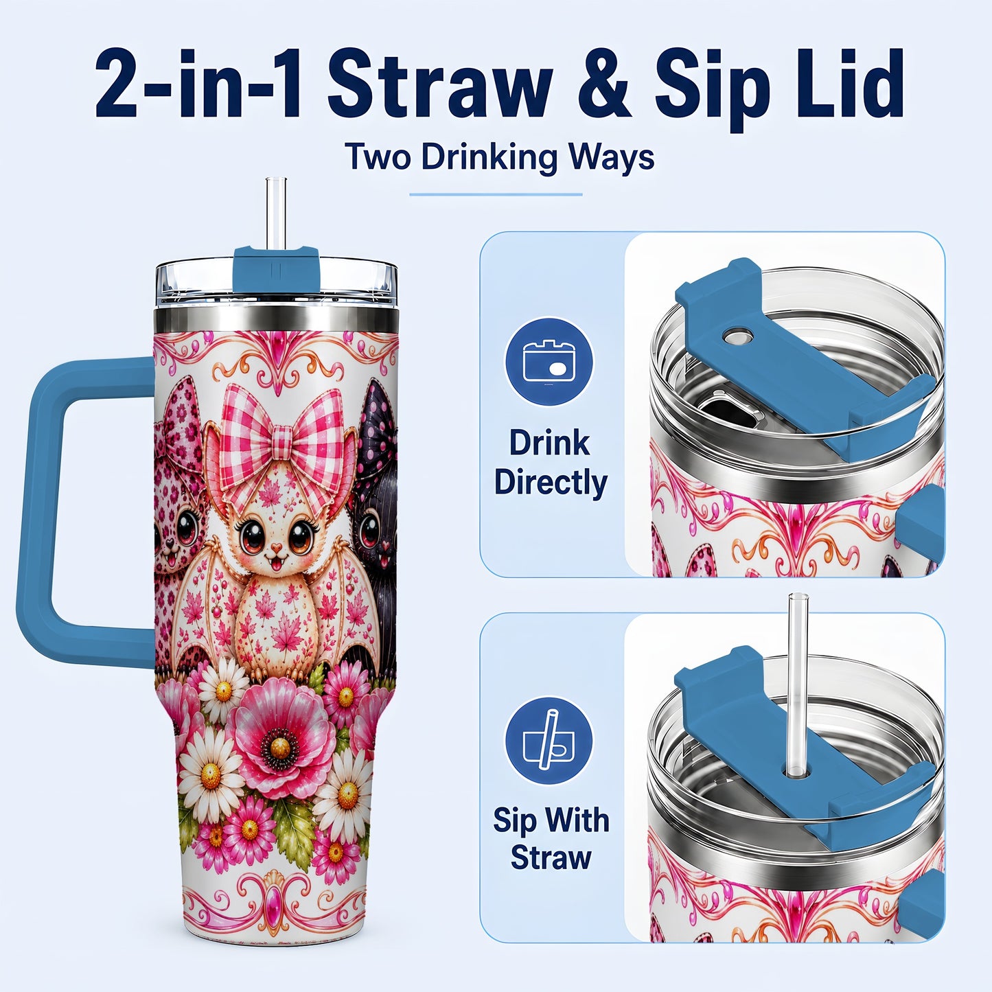 #pl[40oz|Blue] Pink Halloween Bats 40oz Tumbler, Floral Stainless Steel Travel Cup