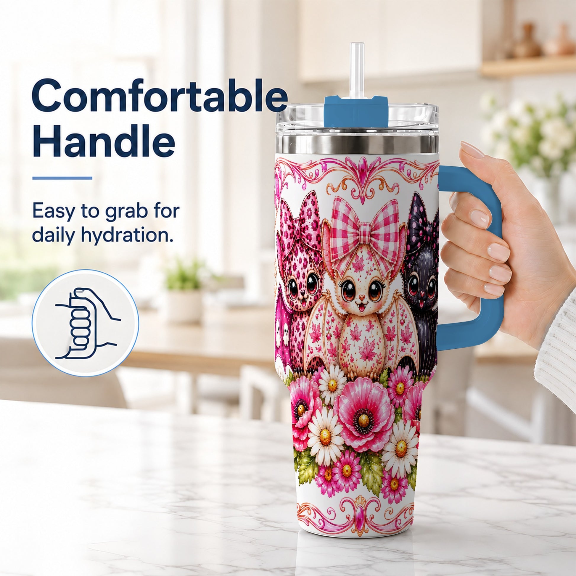 #pl[40oz|Blue] Pink Halloween Bats 40oz Tumbler, Floral Stainless Steel Travel Cup