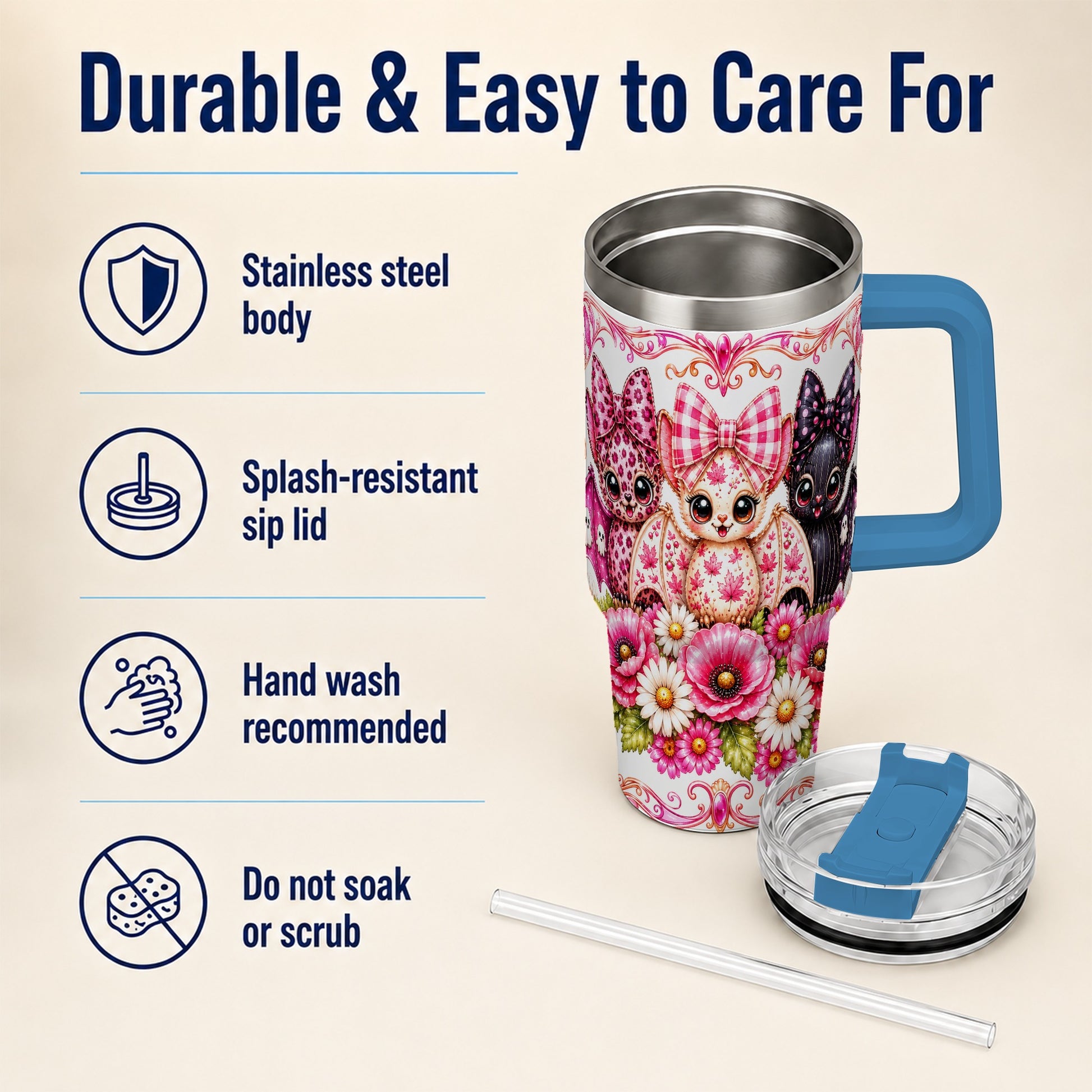 #pl[40oz|Blue] Pink Halloween Bats 40oz Tumbler, Floral Stainless Steel Travel Cup