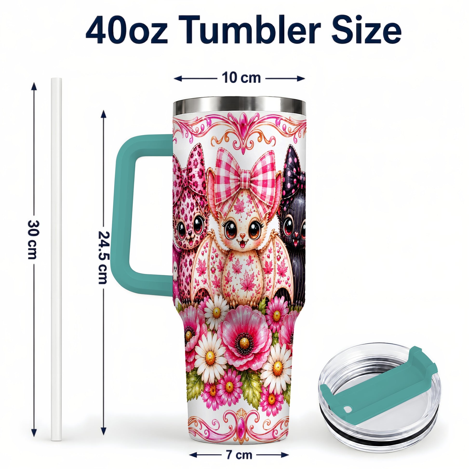 #pl[40oz|Green] Pink Halloween Bats 40oz Tumbler, Floral Stainless Steel Travel Cup