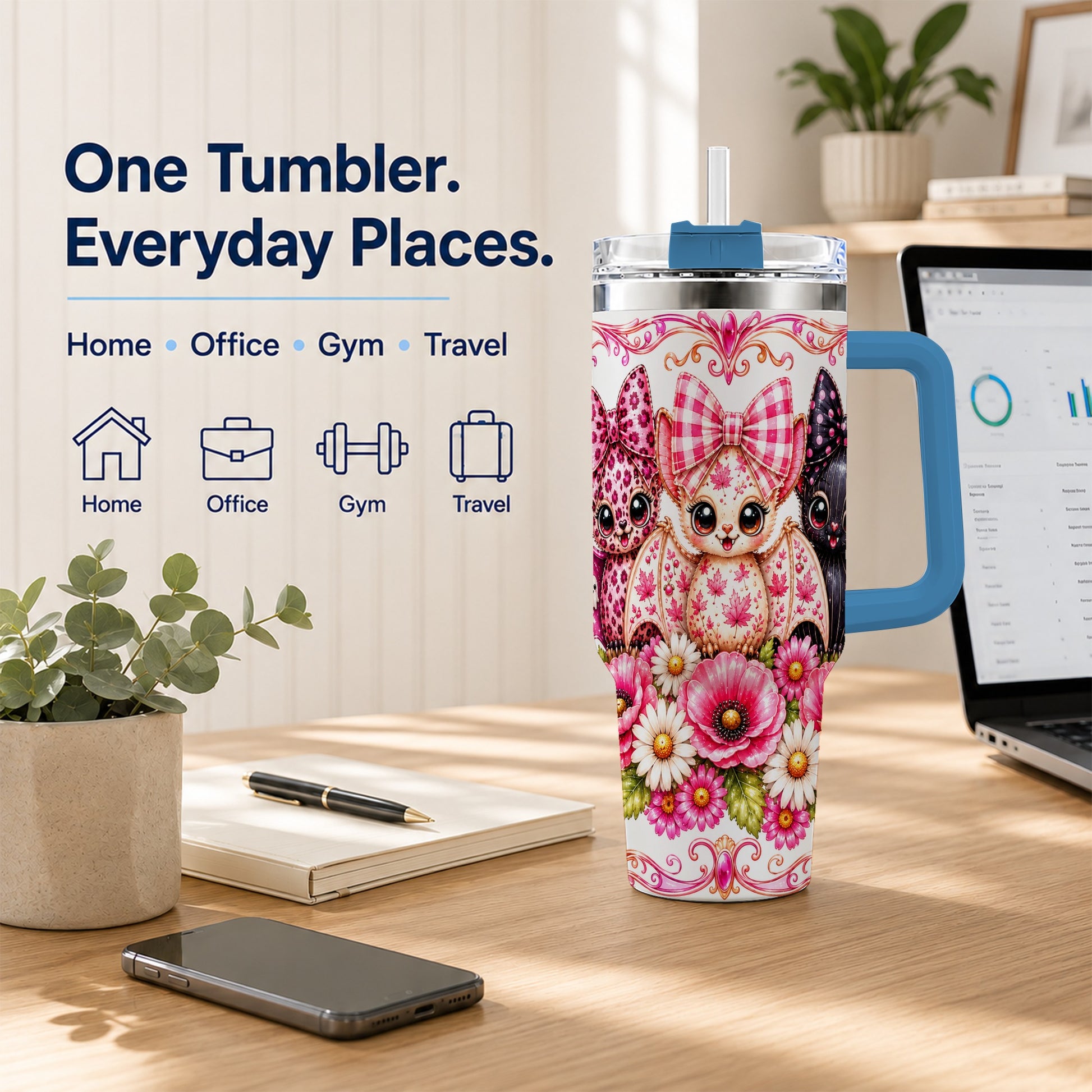#pl[40oz|Blue] Pink Halloween Bats 40oz Tumbler, Floral Stainless Steel Travel Cup