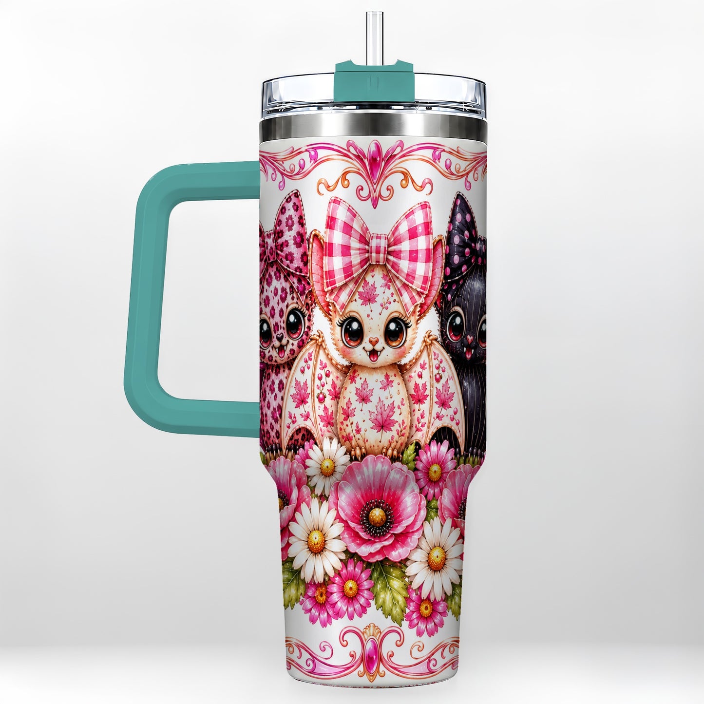 #pl[40oz|Green] Pink Halloween Bats 40oz Tumbler, Floral Stainless Steel Travel Cup