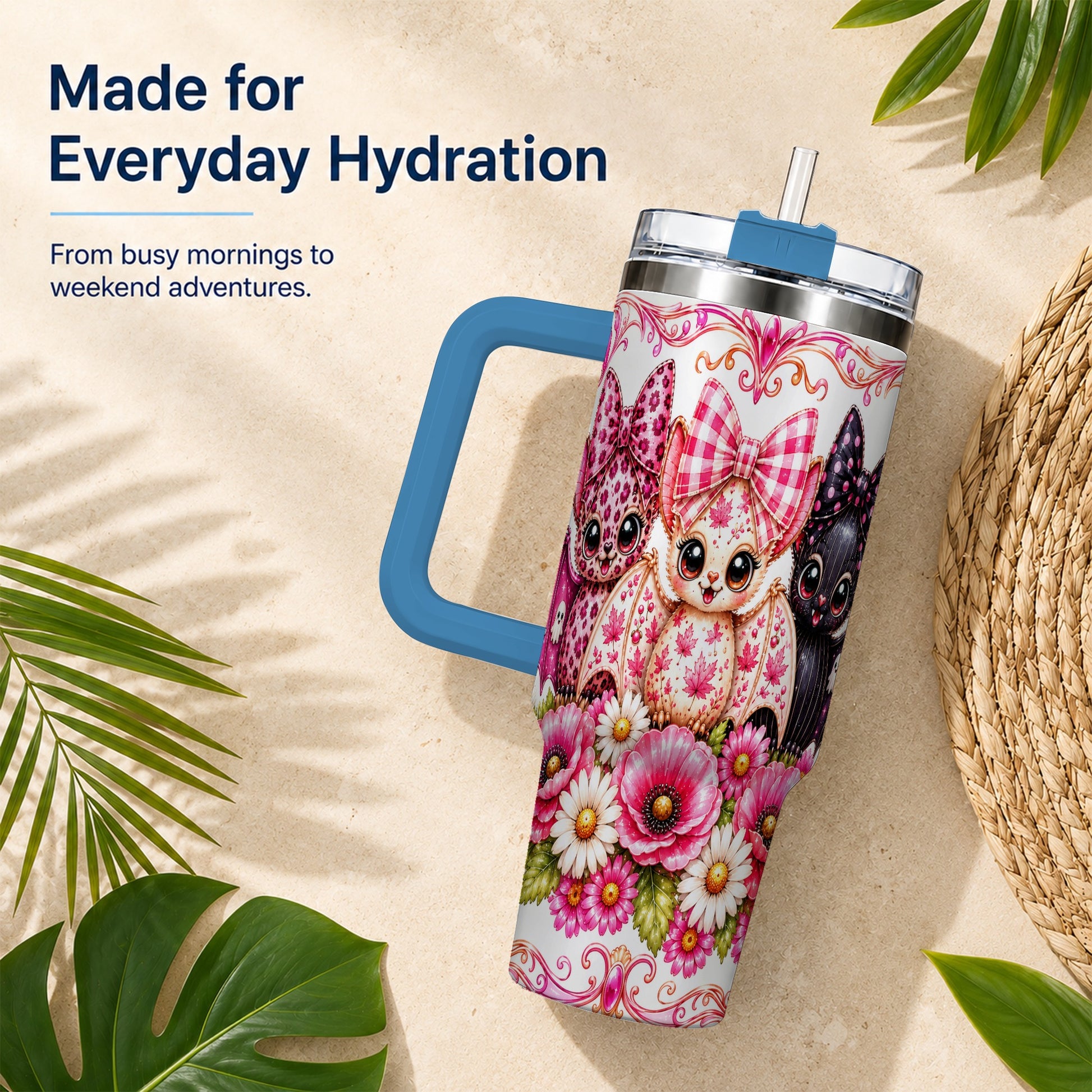 #pl[40oz|Blue] Pink Halloween Bats 40oz Tumbler, Floral Stainless Steel Travel Cup