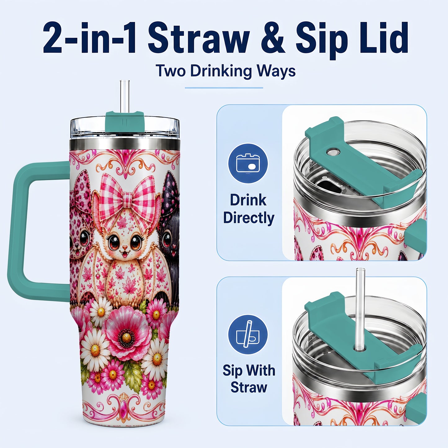 #pl[40oz|Green] Pink Halloween Bats 40oz Tumbler, Floral Stainless Steel Travel Cup