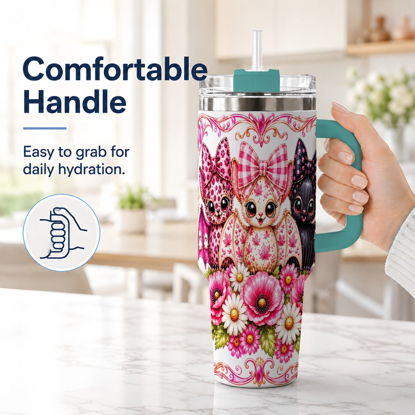 #pl[40oz|Green] Pink Halloween Bats 40oz Tumbler, Floral Stainless Steel Travel Cup