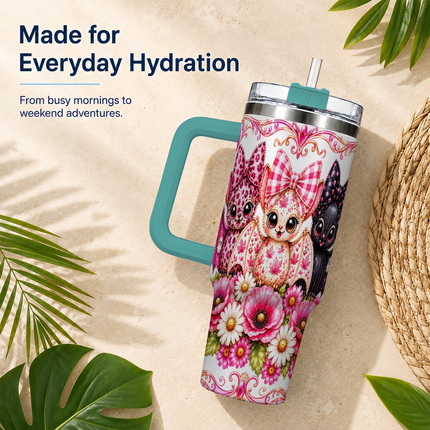 #pl[40oz|Green] Pink Halloween Bats 40oz Tumbler, Floral Stainless Steel Travel Cup