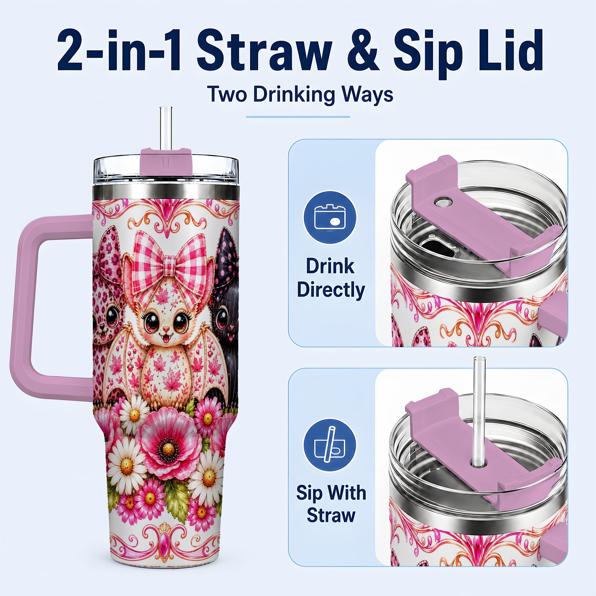 #pl[40oz|Pink] Pink Halloween Bats 40oz Tumbler, Floral Stainless Steel Travel Cup
