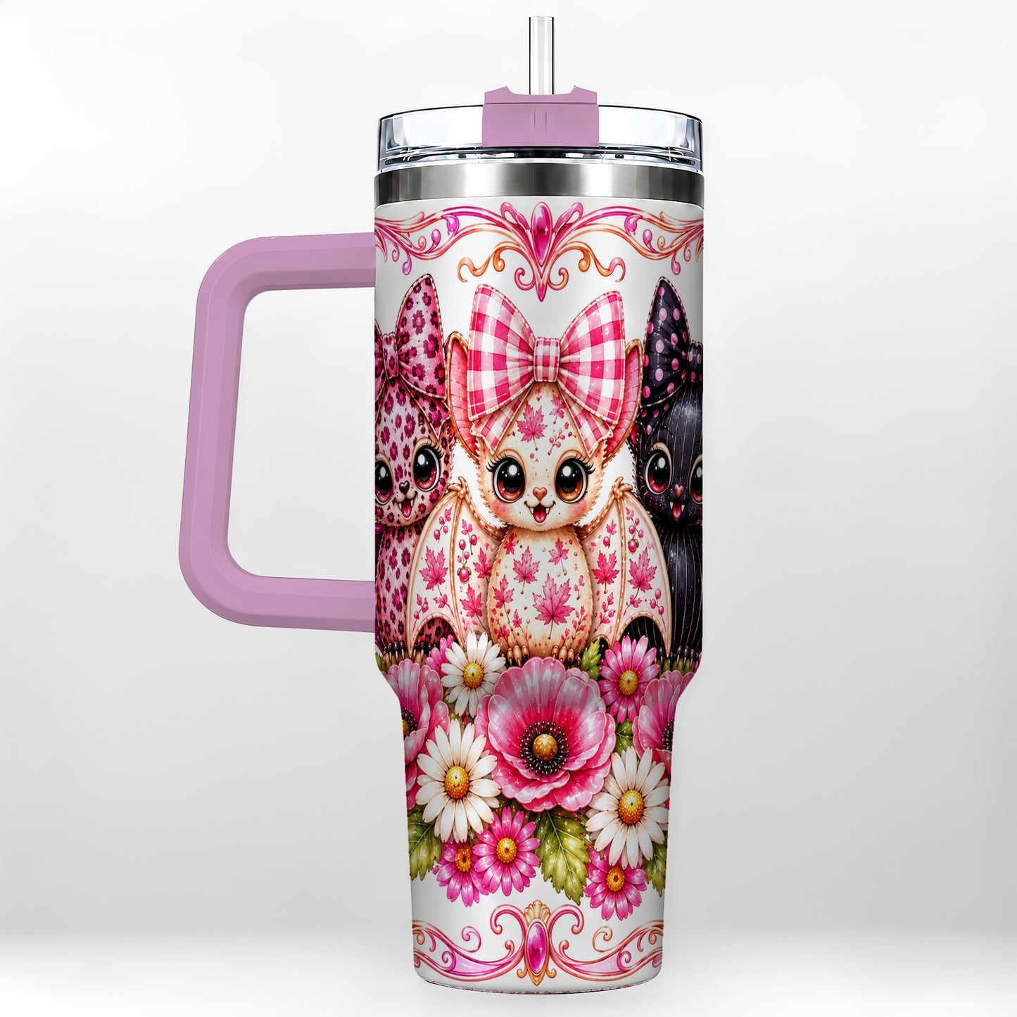 #pl[40oz|Pink] Pink Halloween Bats 40oz Tumbler, Floral Stainless Steel Travel Cup