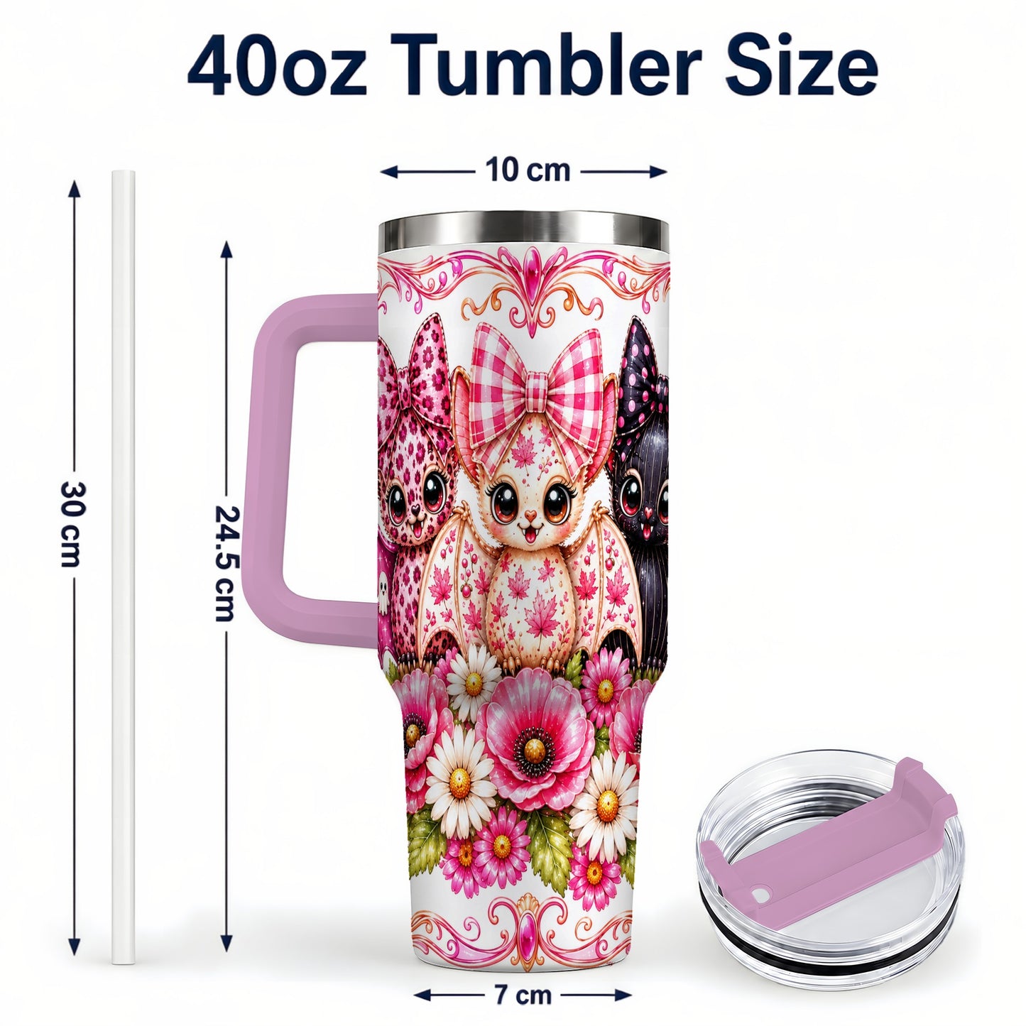 #pl[40oz|Pink] Pink Halloween Bats 40oz Tumbler, Floral Stainless Steel Travel Cup
