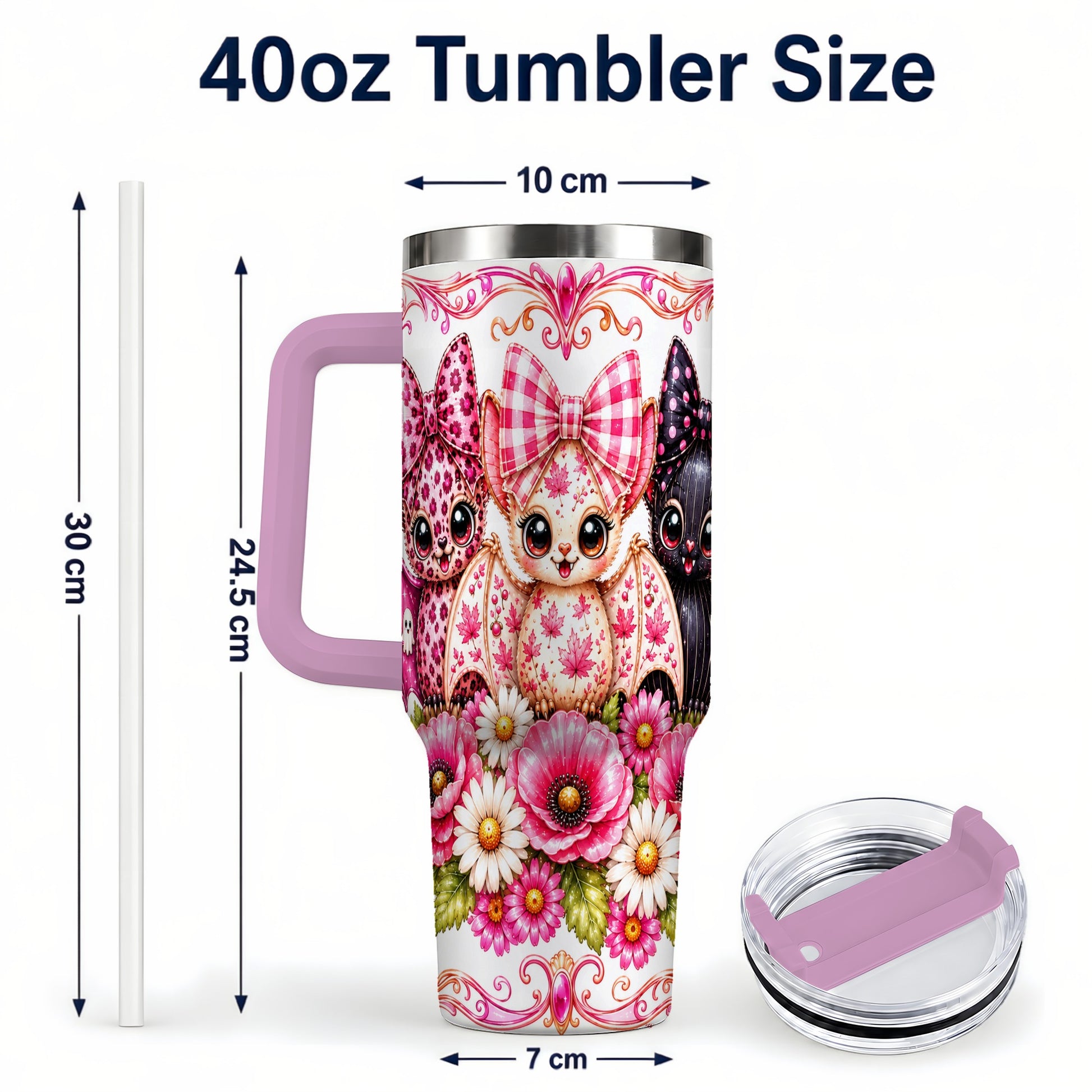 #pl[40oz|Pink] Pink Halloween Bats 40oz Tumbler, Floral Stainless Steel Travel Cup