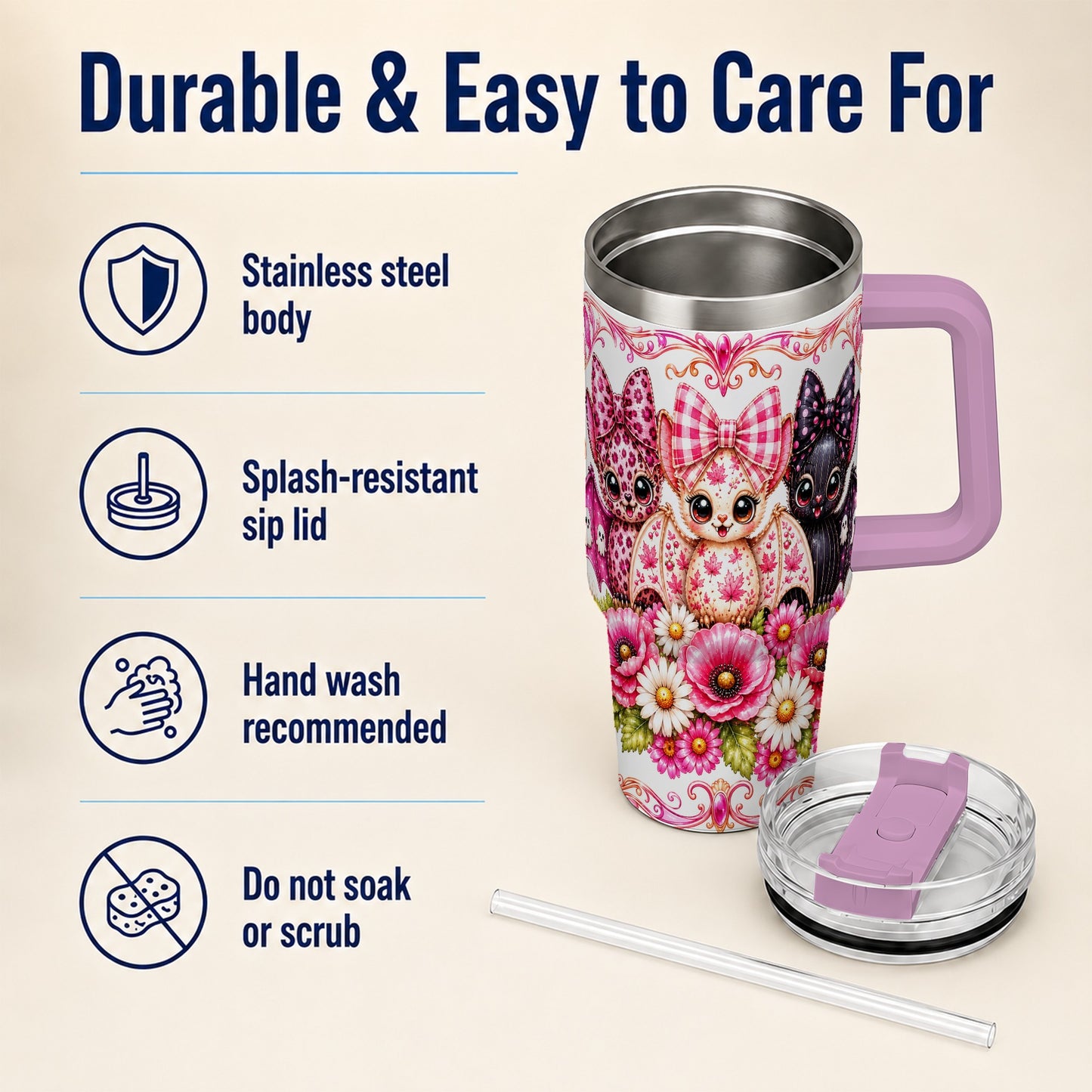 #pl[40oz|Pink] Pink Halloween Bats 40oz Tumbler, Floral Stainless Steel Travel Cup