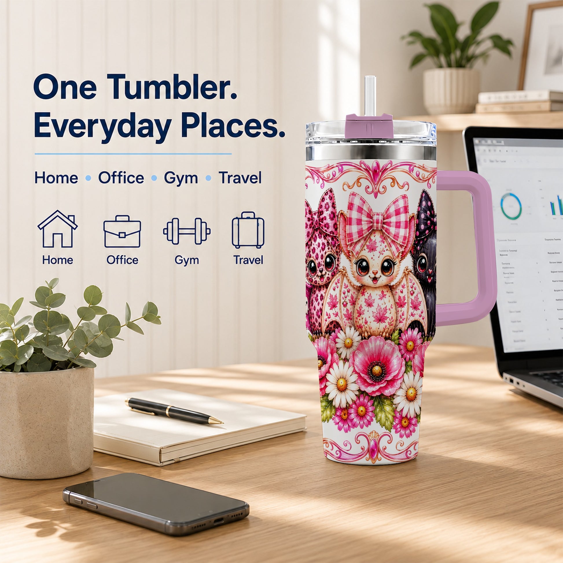 #pl[40oz|Pink] Pink Halloween Bats 40oz Tumbler, Floral Stainless Steel Travel Cup