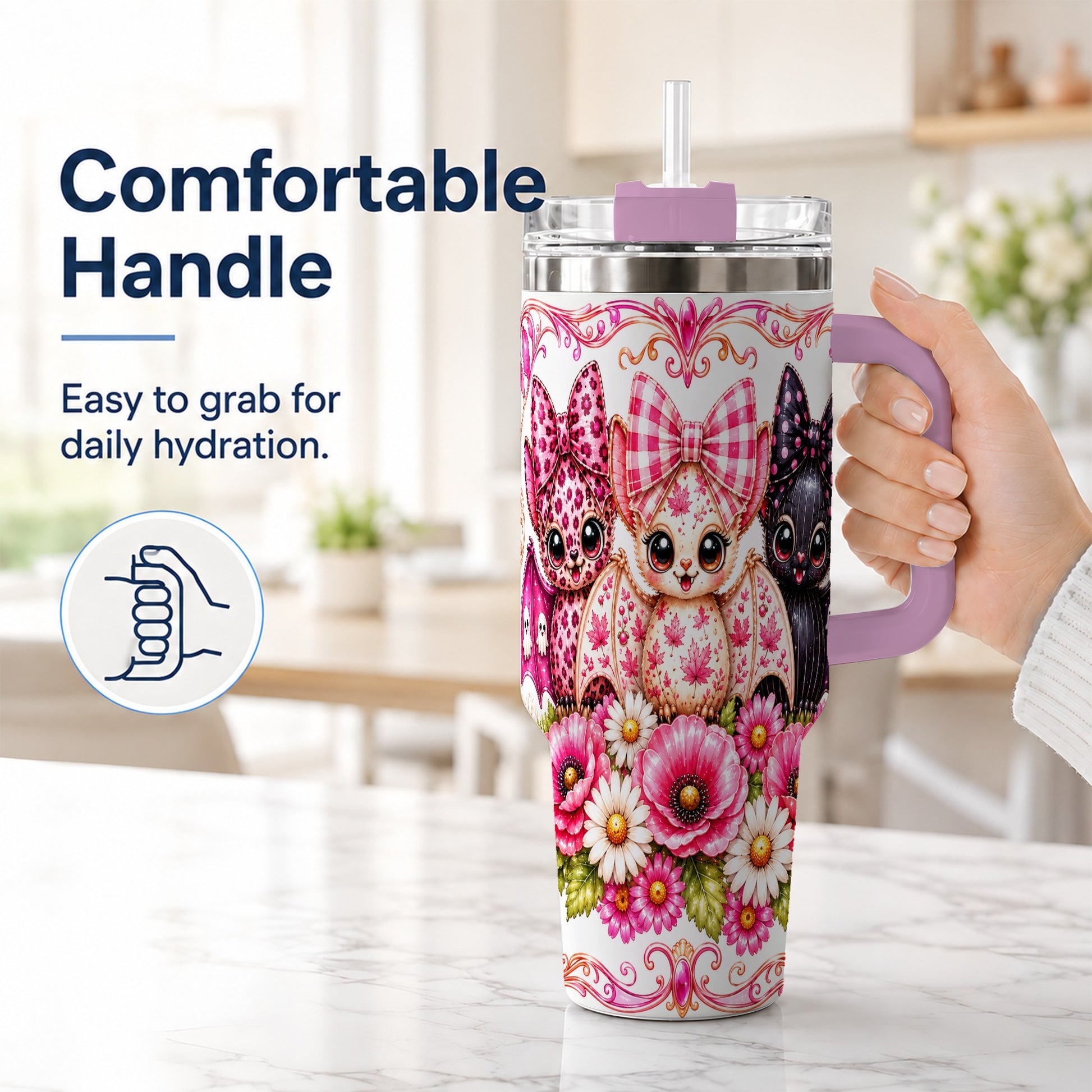 #pl[40oz|Pink] Pink Halloween Bats 40oz Tumbler, Floral Stainless Steel Travel Cup