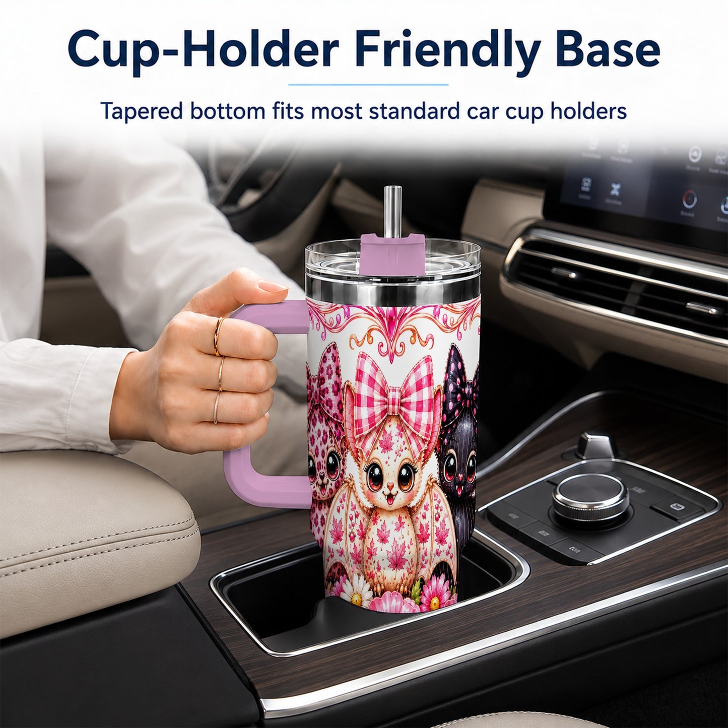 #pl[40oz|Pink] Pink Halloween Bats 40oz Tumbler, Floral Stainless Steel Travel Cup