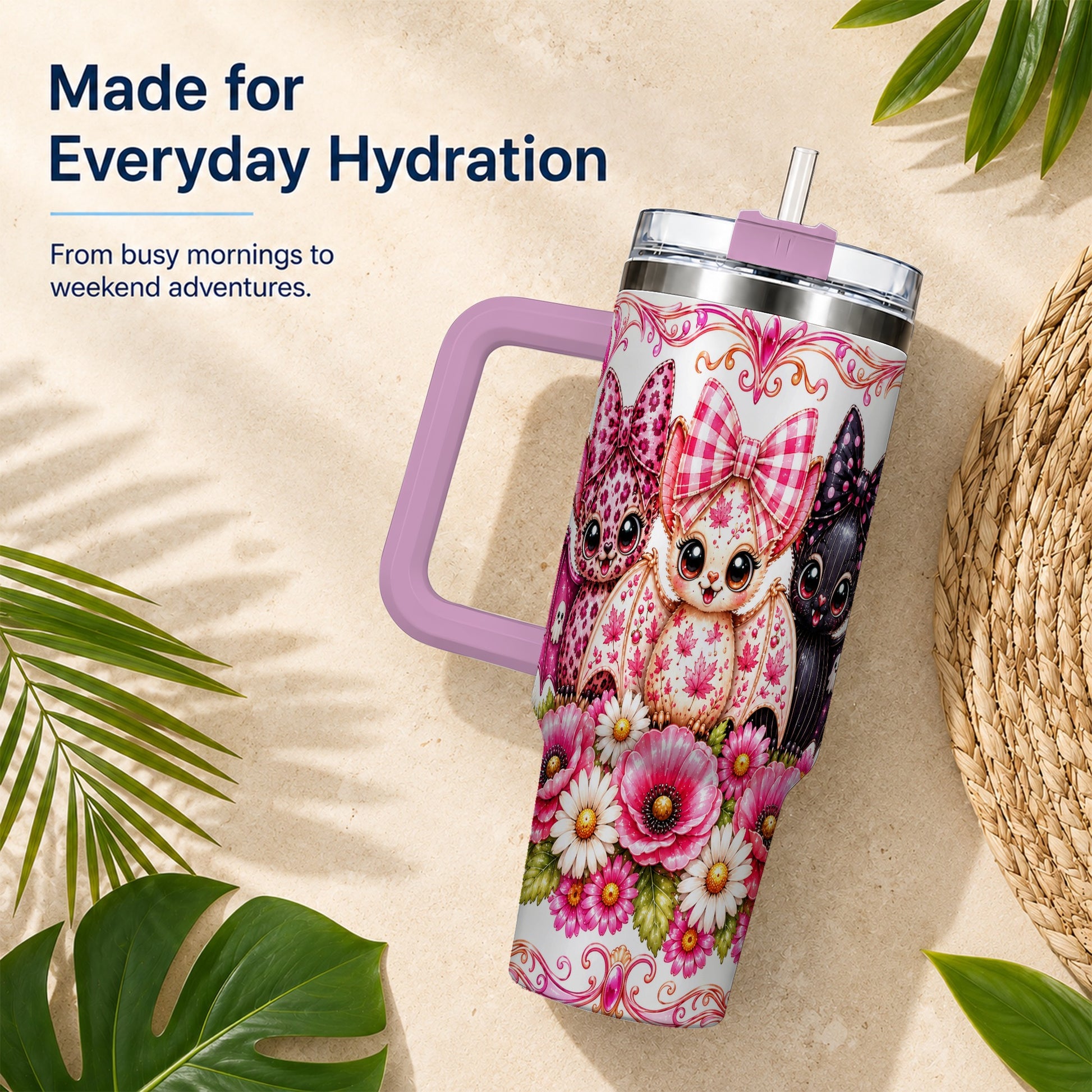 #pl[40oz|Pink] Pink Halloween Bats 40oz Tumbler, Floral Stainless Steel Travel Cup