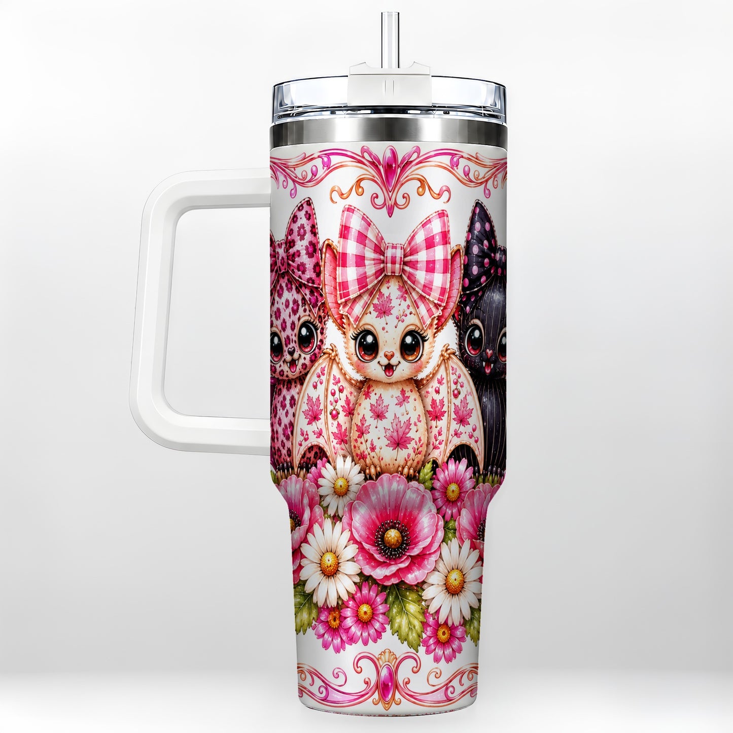 #pl[40oz|White] Pink Halloween Bats 40oz Tumbler, Floral Stainless Steel Travel Cup