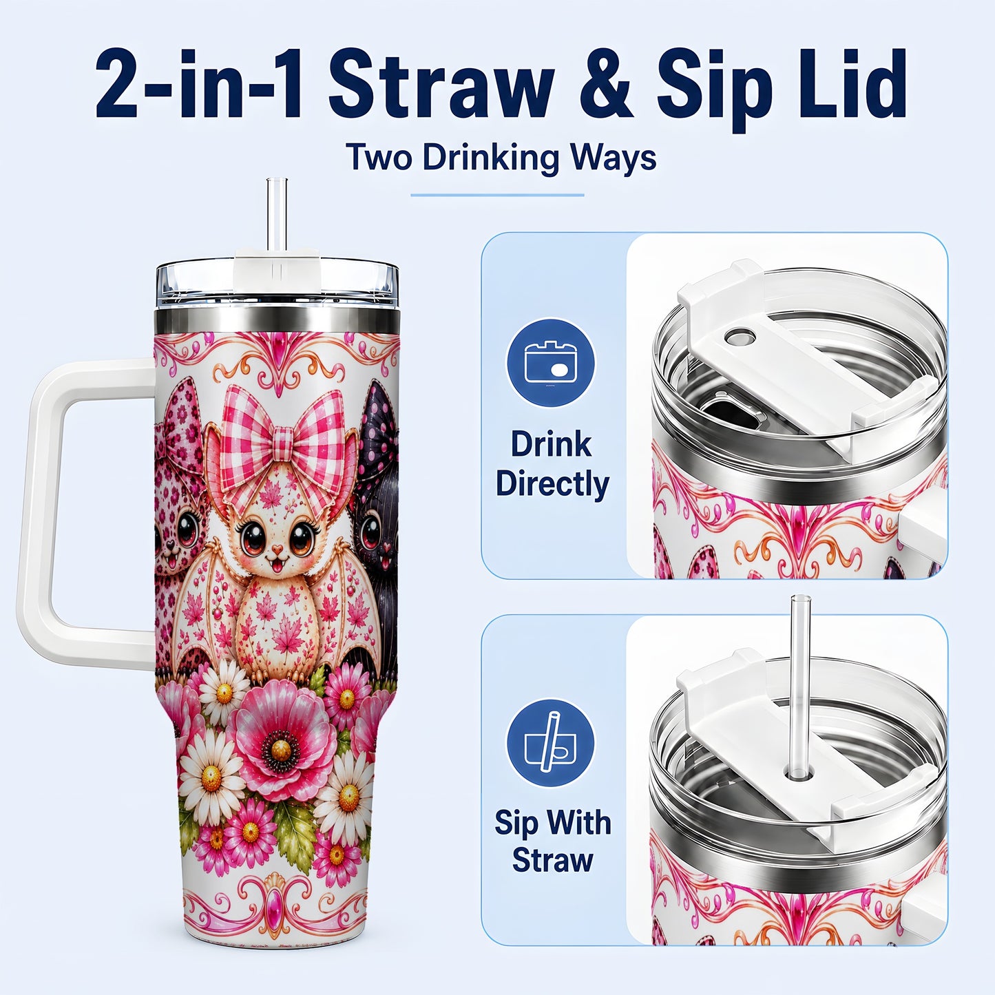 #pl[40oz|White] Pink Halloween Bats 40oz Tumbler, Floral Stainless Steel Travel Cup