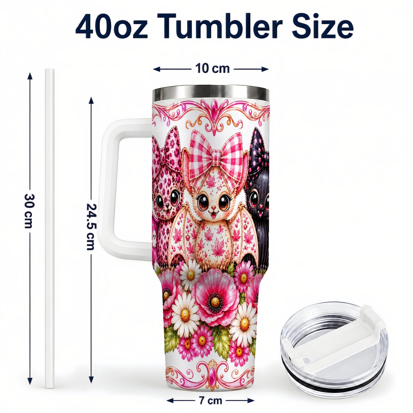 #pl[40oz|White] Pink Halloween Bats 40oz Tumbler, Floral Stainless Steel Travel Cup