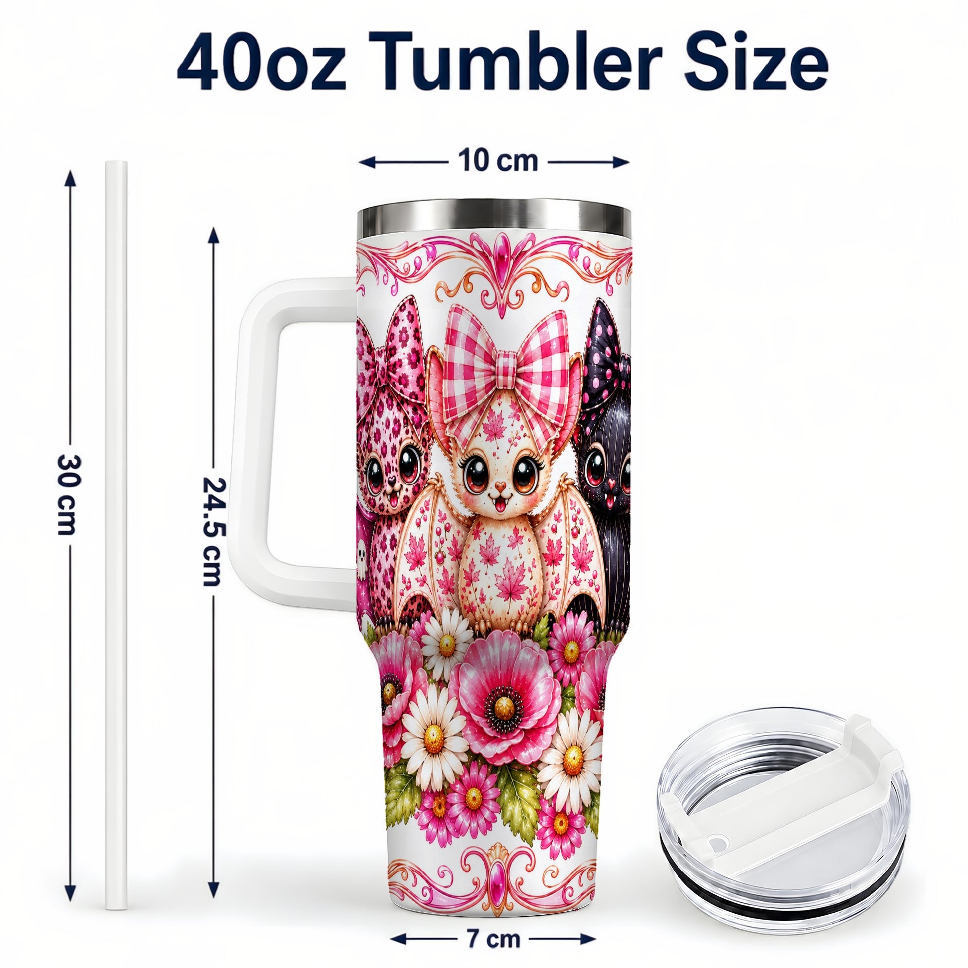 #pl[40oz|White] Pink Halloween Bats 40oz Tumbler, Floral Stainless Steel Travel Cup