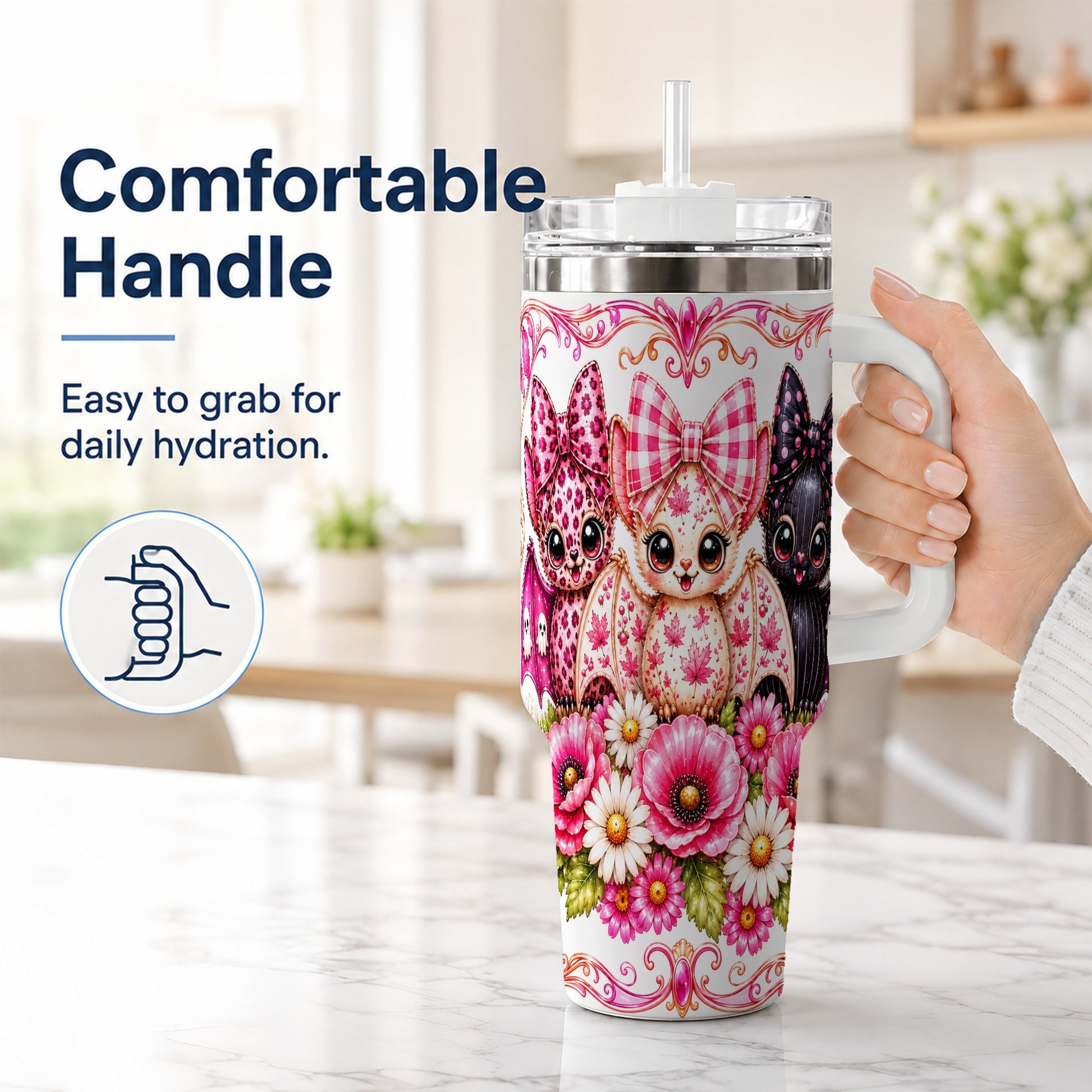 #pl[40oz|White] Pink Halloween Bats 40oz Tumbler, Floral Stainless Steel Travel Cup