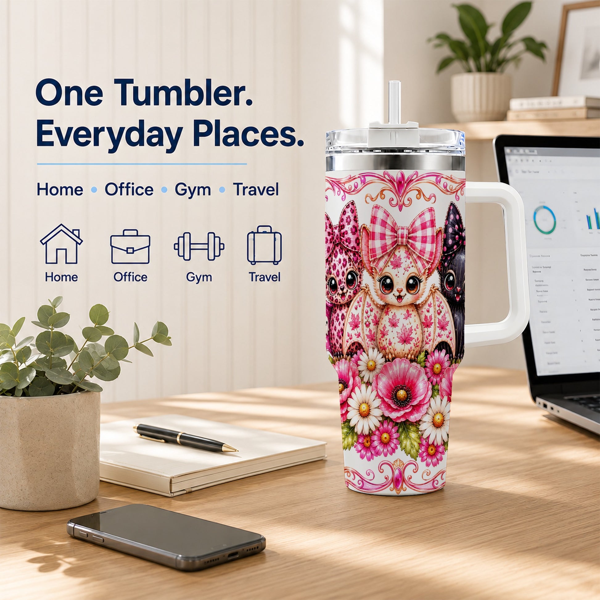 #pl[40oz|White] Pink Halloween Bats 40oz Tumbler, Floral Stainless Steel Travel Cup