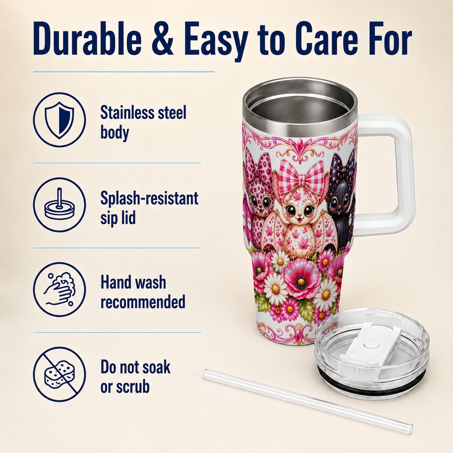 #pl[40oz|White] Pink Halloween Bats 40oz Tumbler, Floral Stainless Steel Travel Cup