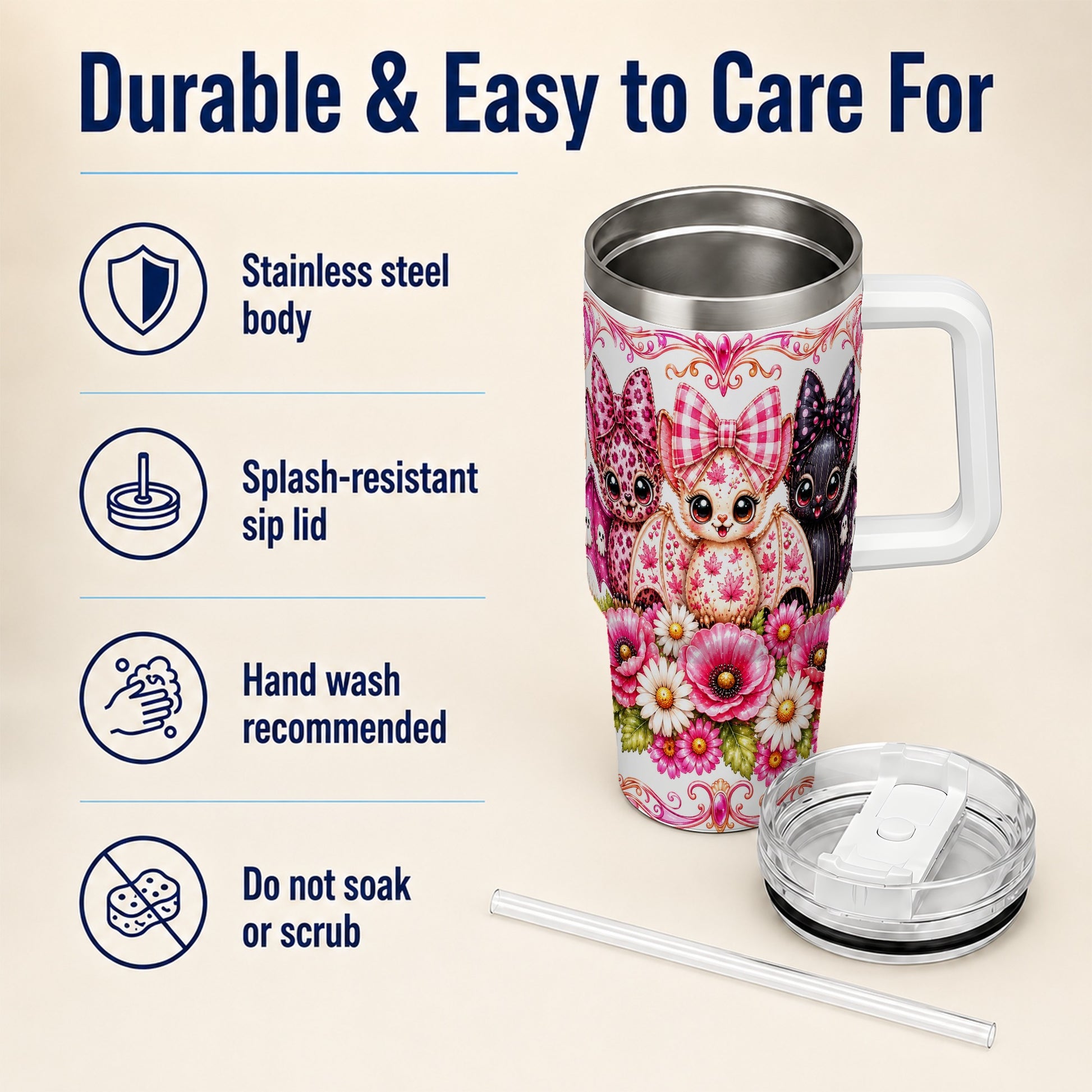 #pl[40oz|White] Pink Halloween Bats 40oz Tumbler, Floral Stainless Steel Travel Cup